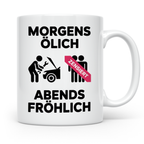 KFZ Mechaniker Tasse - Morgens Ölig Abends Fröhlich Schrauber Werkstatt Tuning Geschenkidee für Autoliebhaber & Auto Schrauber Lustig