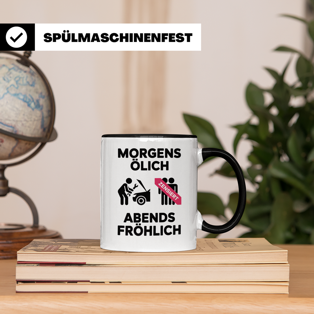 KFZ Mechaniker Tasse - Morgens Ölig Abends Fröhlich Schrauber Werkstatt Tuning Geschenkidee für Autoliebhaber & Auto Schrauber Lustig