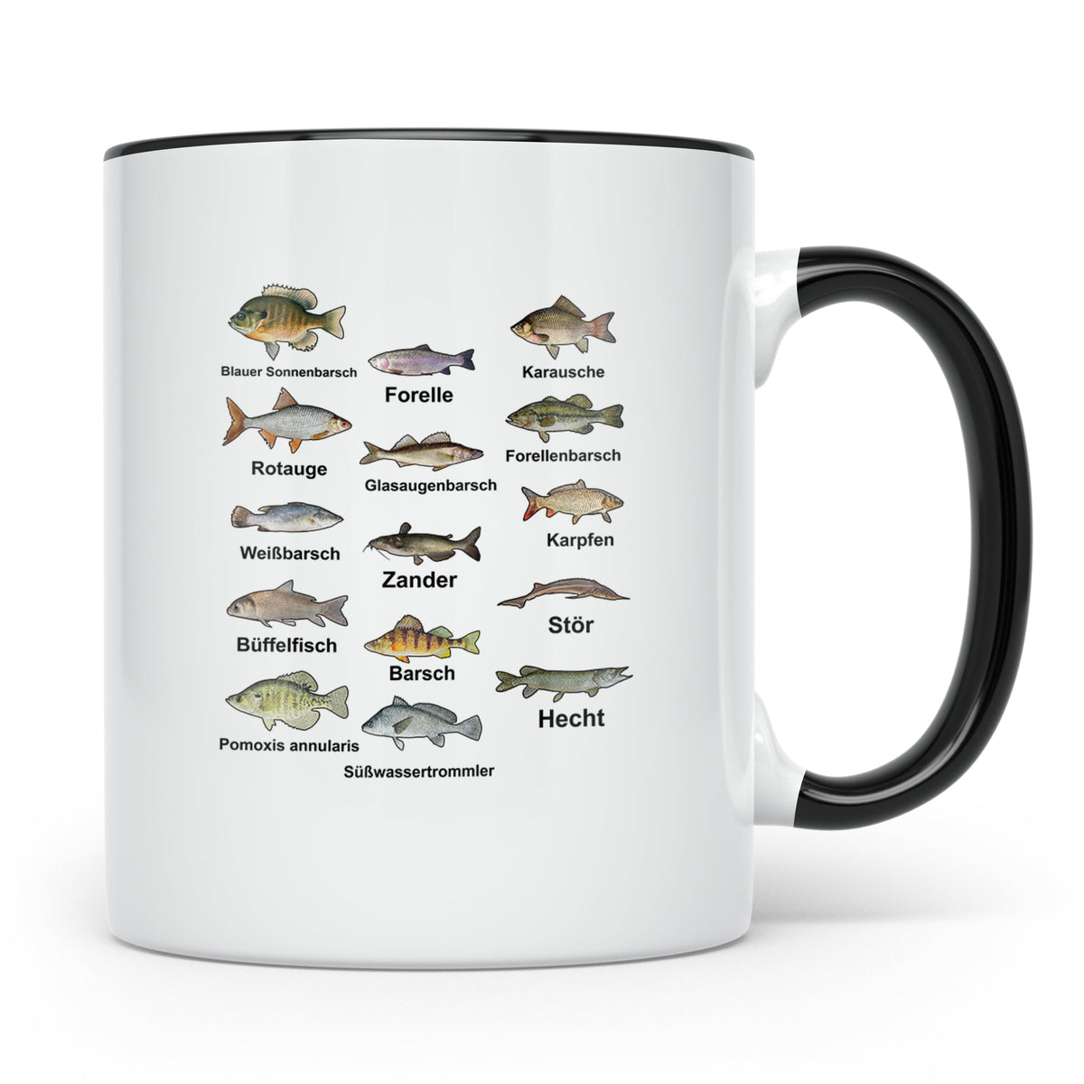 Angler Tasse: Süßwasserfische - Barsch, Hecht, Wels - Fischa – Schwarz [farbe:schwarz]