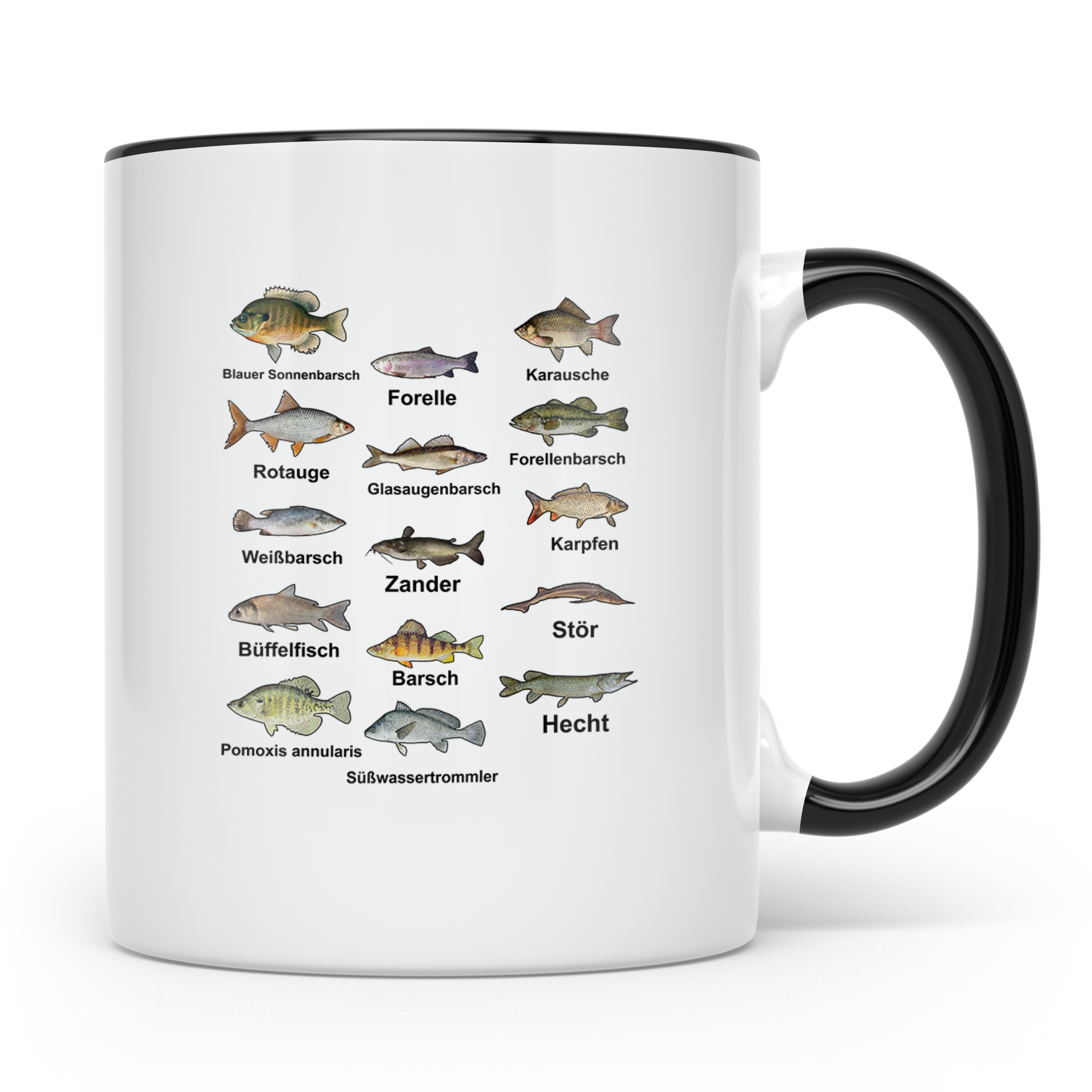 Angler Tasse: Süßwasserfische - Barsch, Hecht, Wels - Fischa – Schwarz [farbe:schwarz]