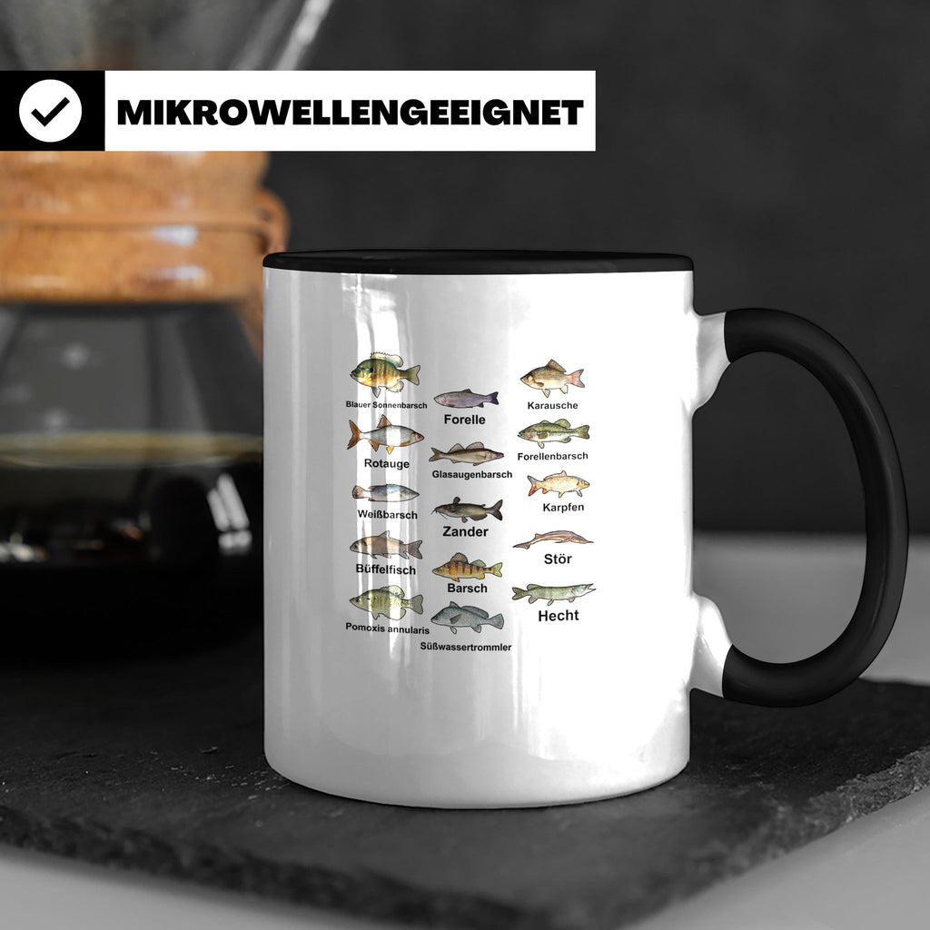 Angler Tasse: Süßwasserfische - Barsch, Hecht, Wels - Fischa – Schwarz [farbe:schwarz]