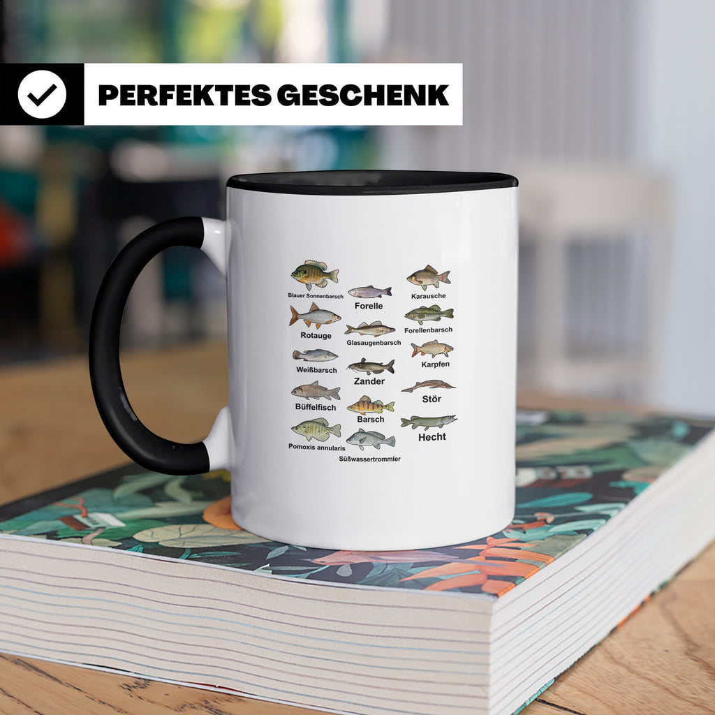 Angler Tasse: Süßwasserfische - Barsch, Hecht, Wels - Fischa – Schwarz [farbe:schwarz]