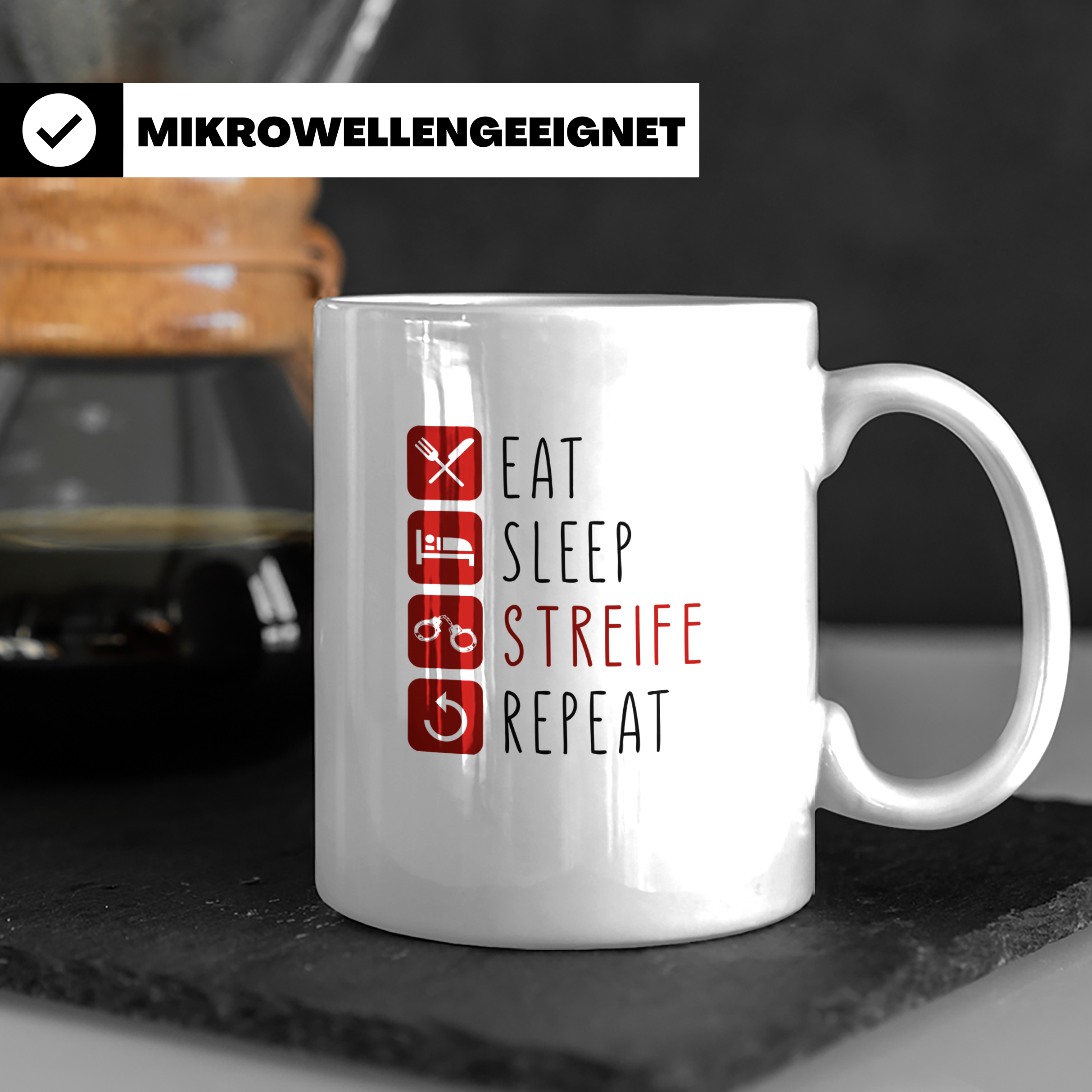 Polizisten Tasse Eat Sleep Streife Repeat, Geschenk für Poli – Weiß [farbe:weiß]
