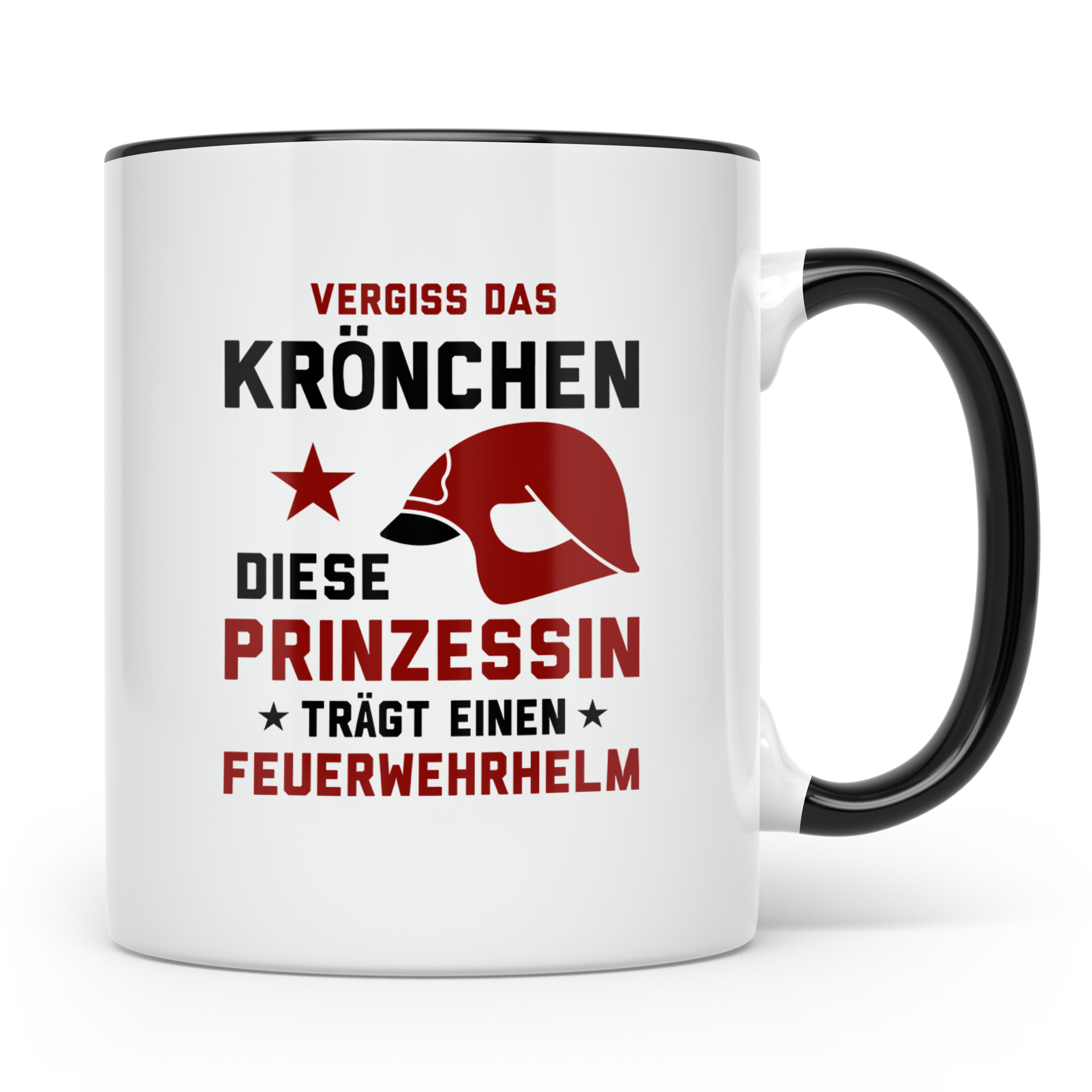 Feuerwehrfrau Tasse mit Spruch Vergiss Prinzessin Feuerwehrh – Schwarz [farbe:schwarz]