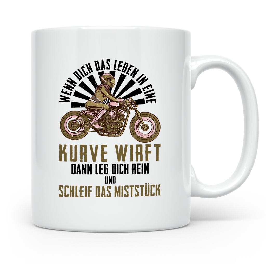 Bikerin Tasse mit Spruch Wenn das Leben dich in eine Kurve w – Weiß [farbe:weiß]