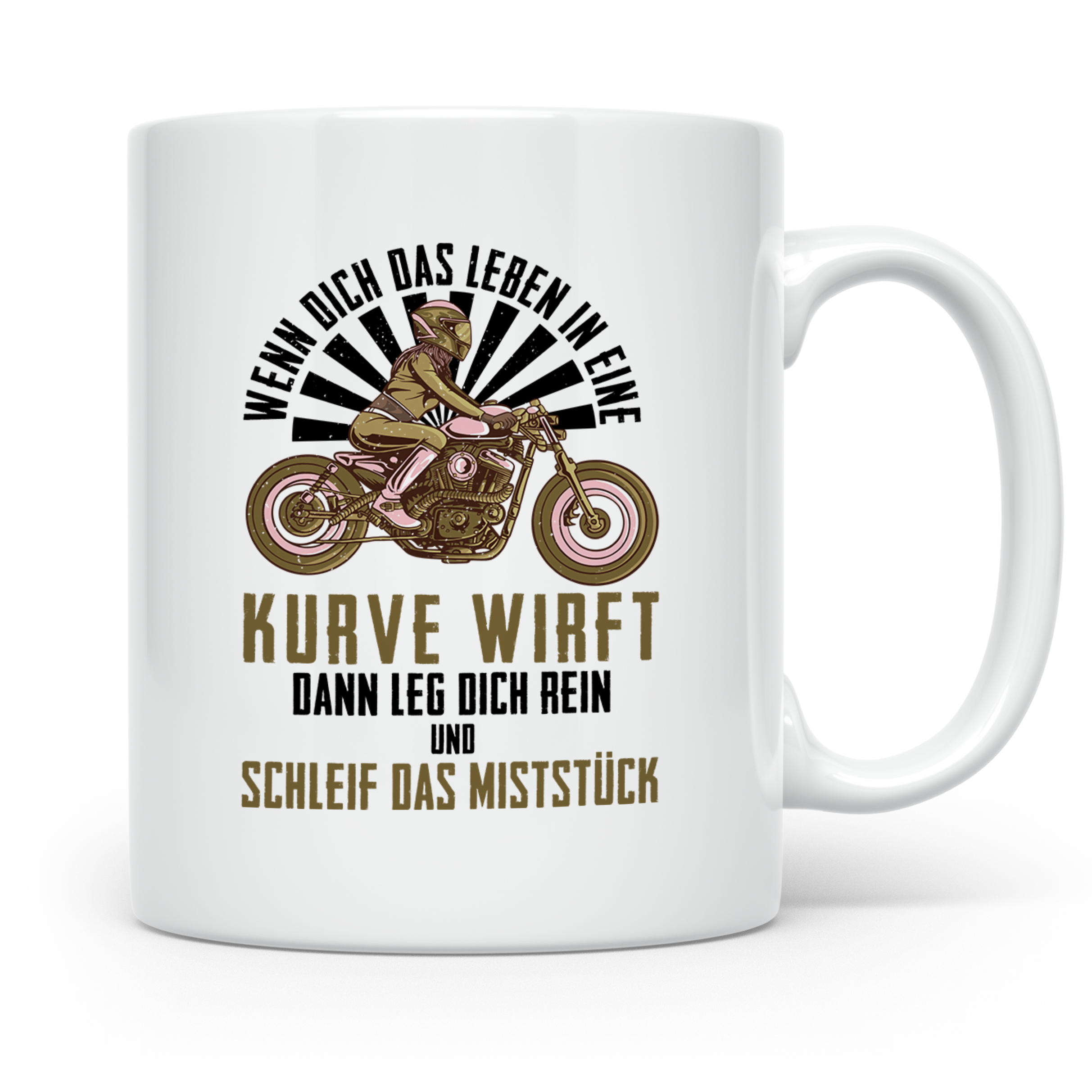 Bikerin Tasse mit Spruch Wenn das Leben dich in eine Kurve w – Weiß [farbe:weiß]