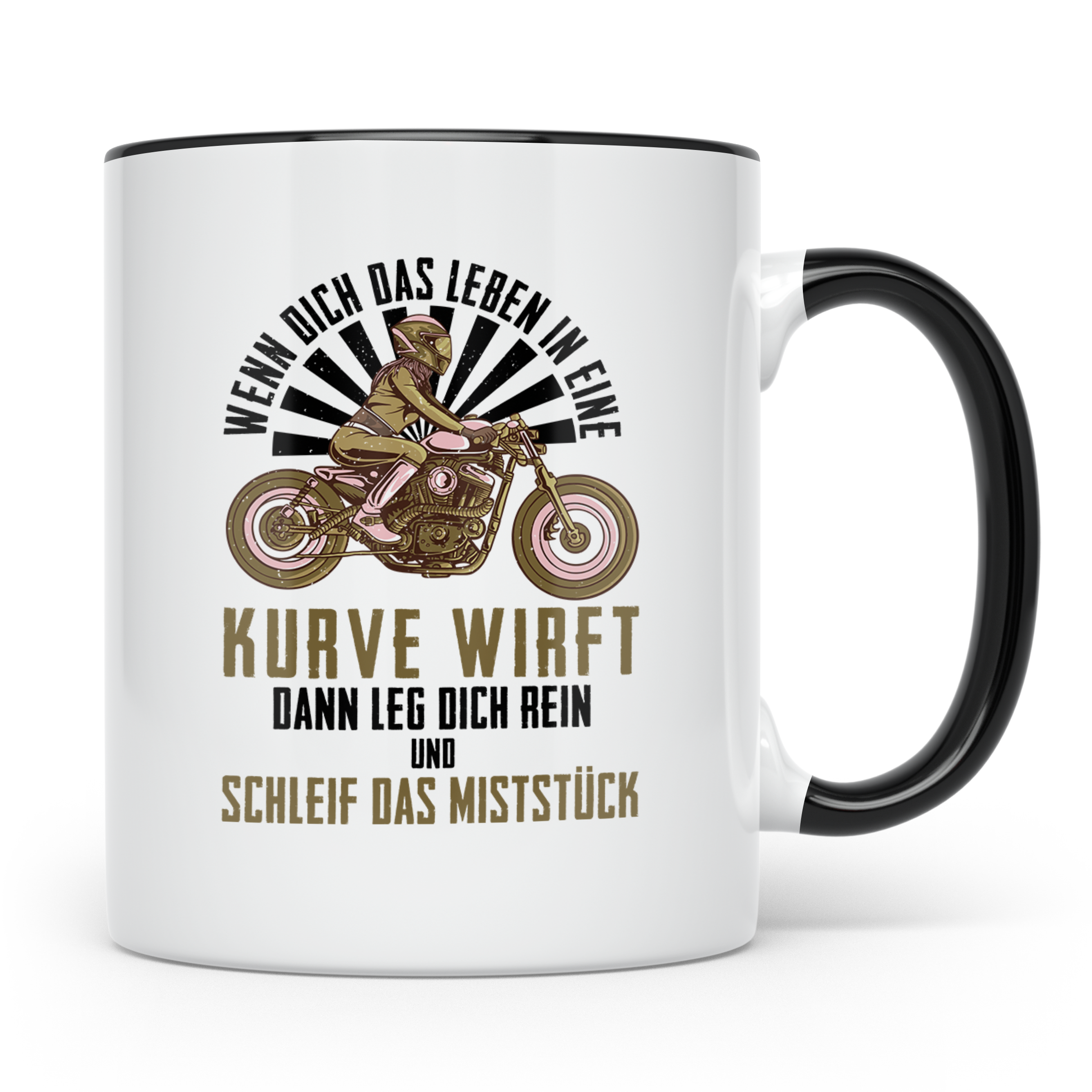Bikerin Tasse mit Spruch Wenn das Leben dich in eine Kurve w – Schwarz [farbe:schwarz]