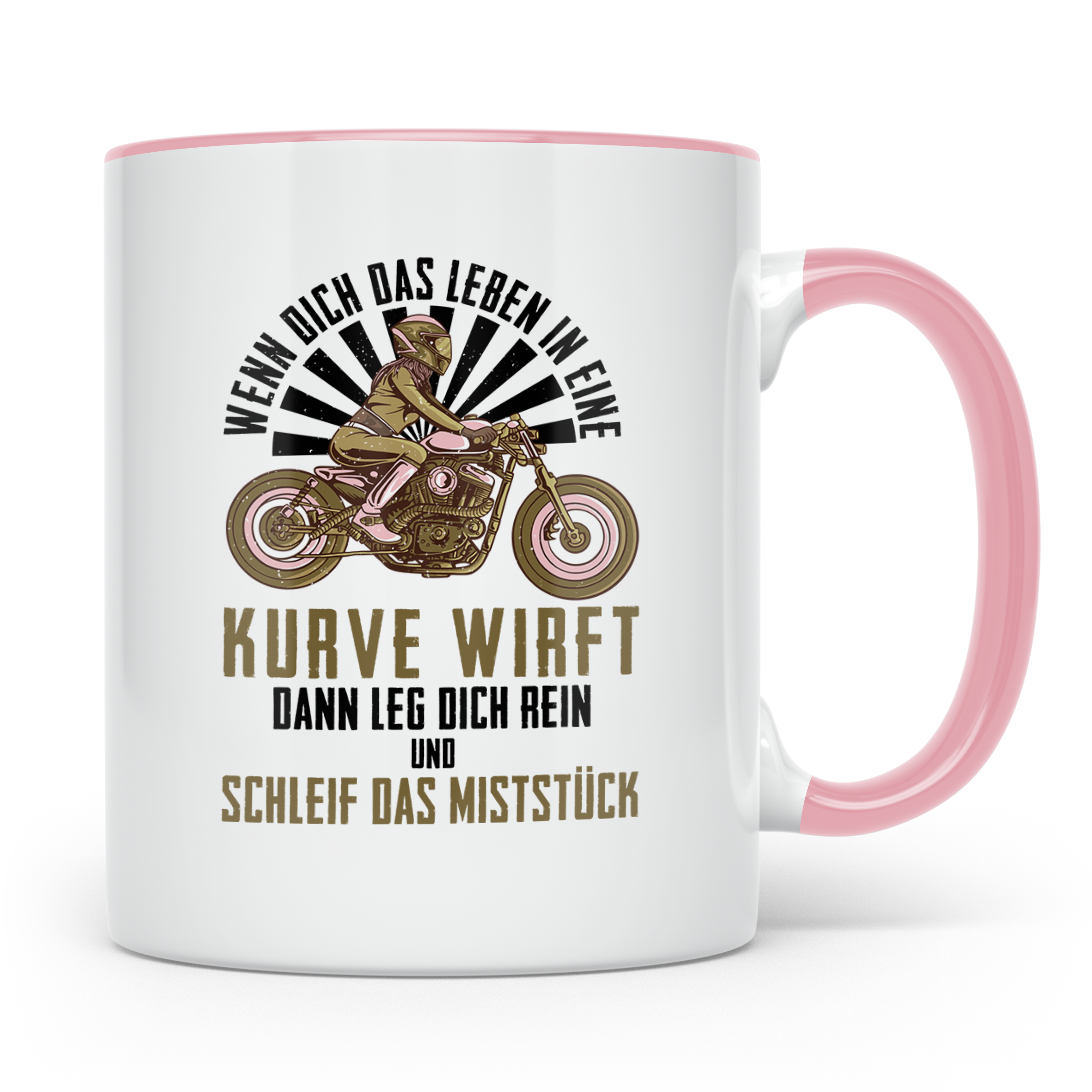 Bikerin Tasse mit Spruch Wenn das Leben dich in eine Kurve w – Rosa [farbe:rosa]