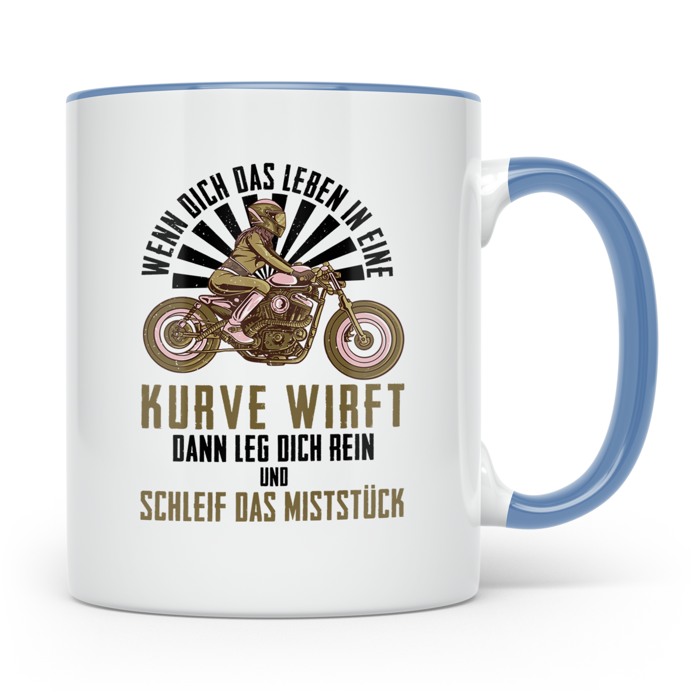 Bikerin Tasse mit Spruch Wenn das Leben dich in eine Kurve w – Blau [farbe:blau]