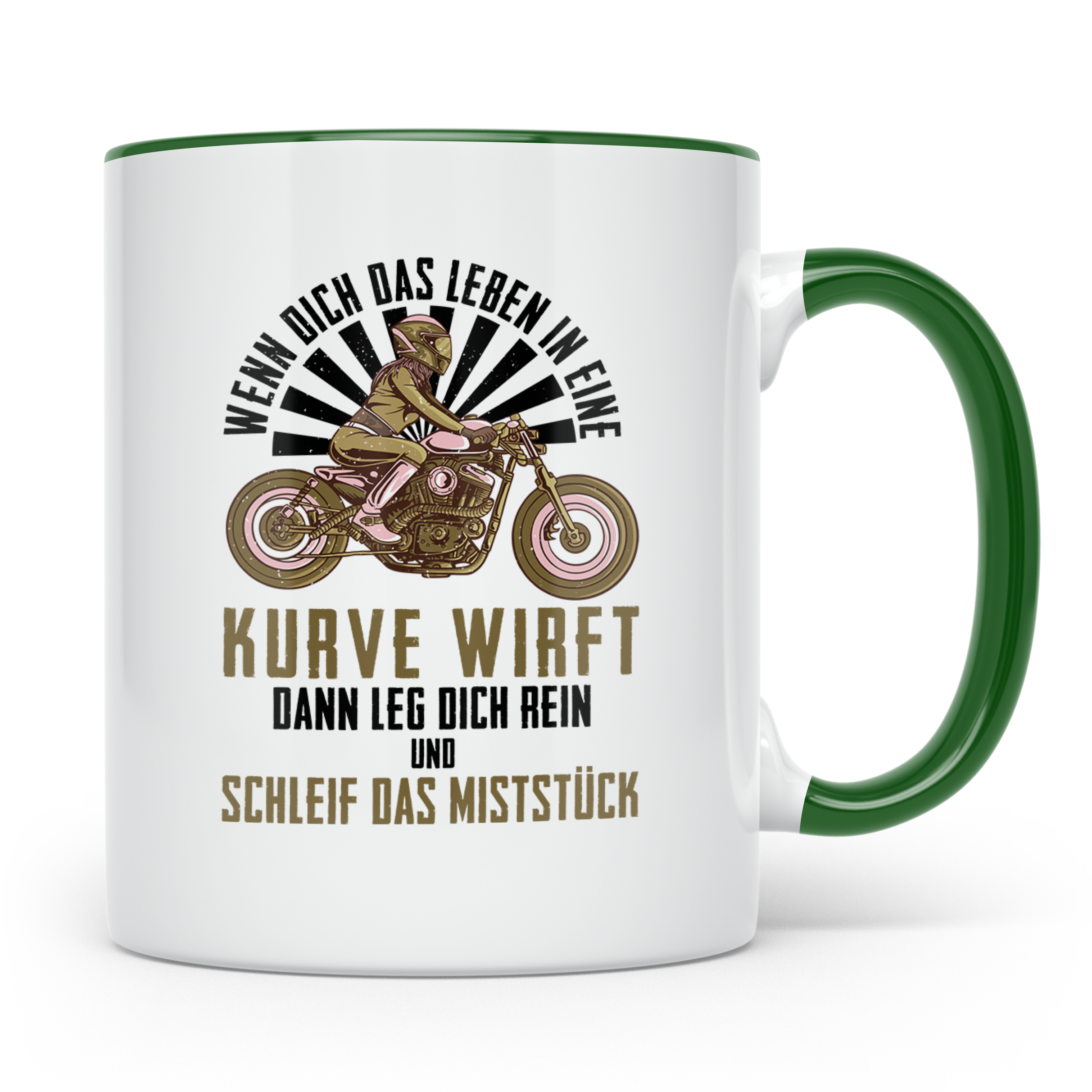 Bikerin Tasse mit Spruch Wenn das Leben dich in eine Kurve w – Grün [farbe:grün]