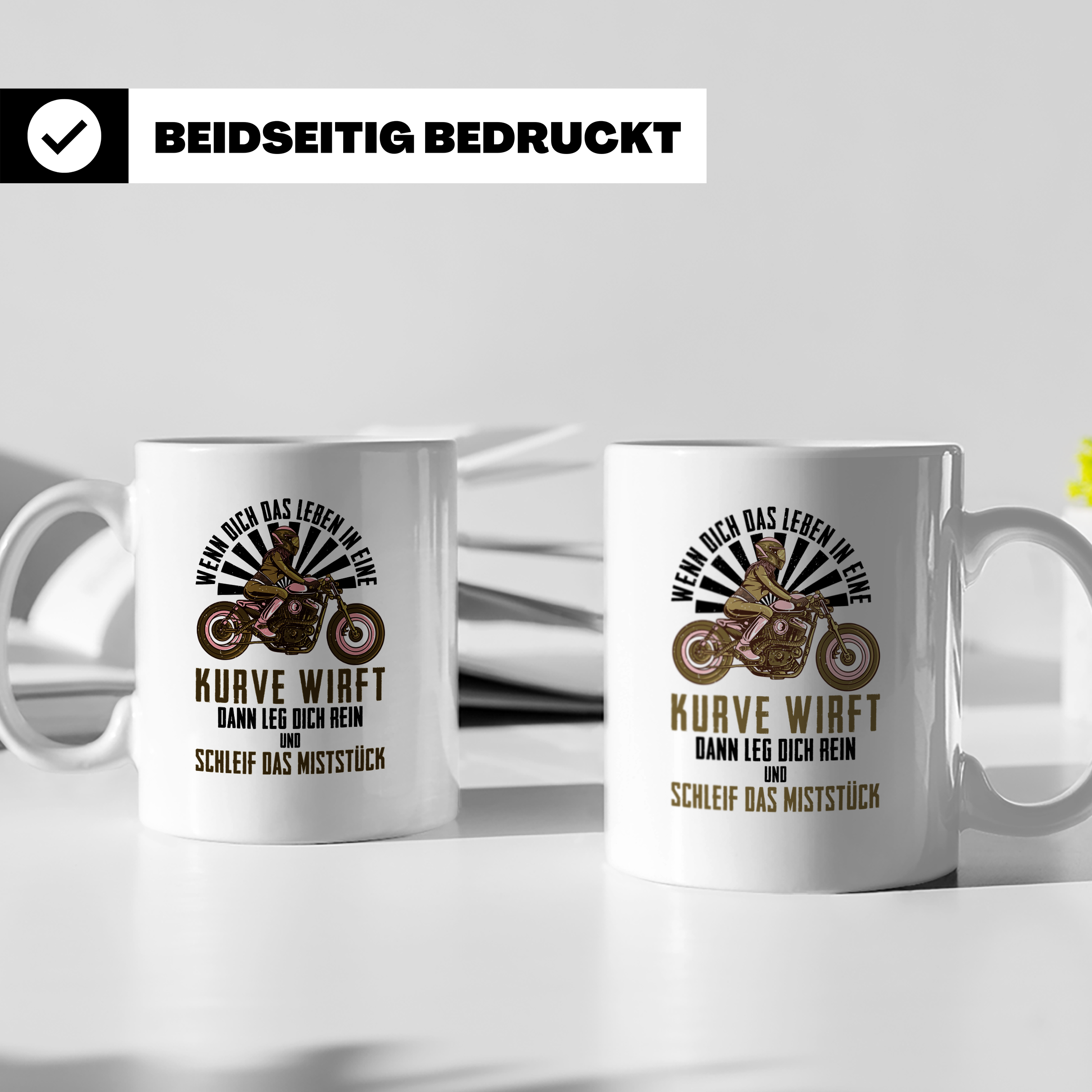 Bikerin Tasse mit Spruch Wenn das Leben dich in eine Kurve w – Weiß [farbe:weiß]