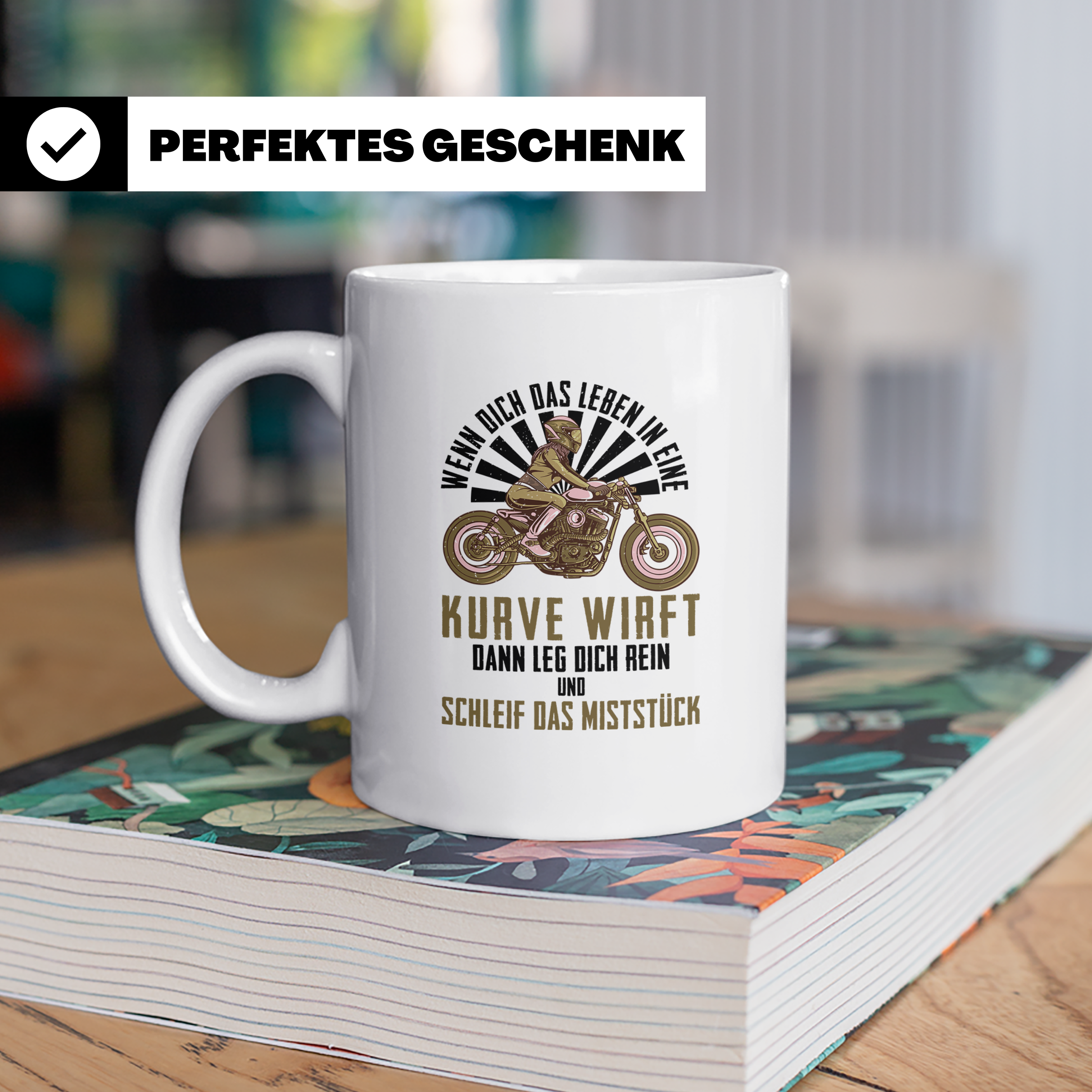 Bikerin Tasse mit Spruch Wenn das Leben dich in eine Kurve w – Weiß [farbe:weiß]