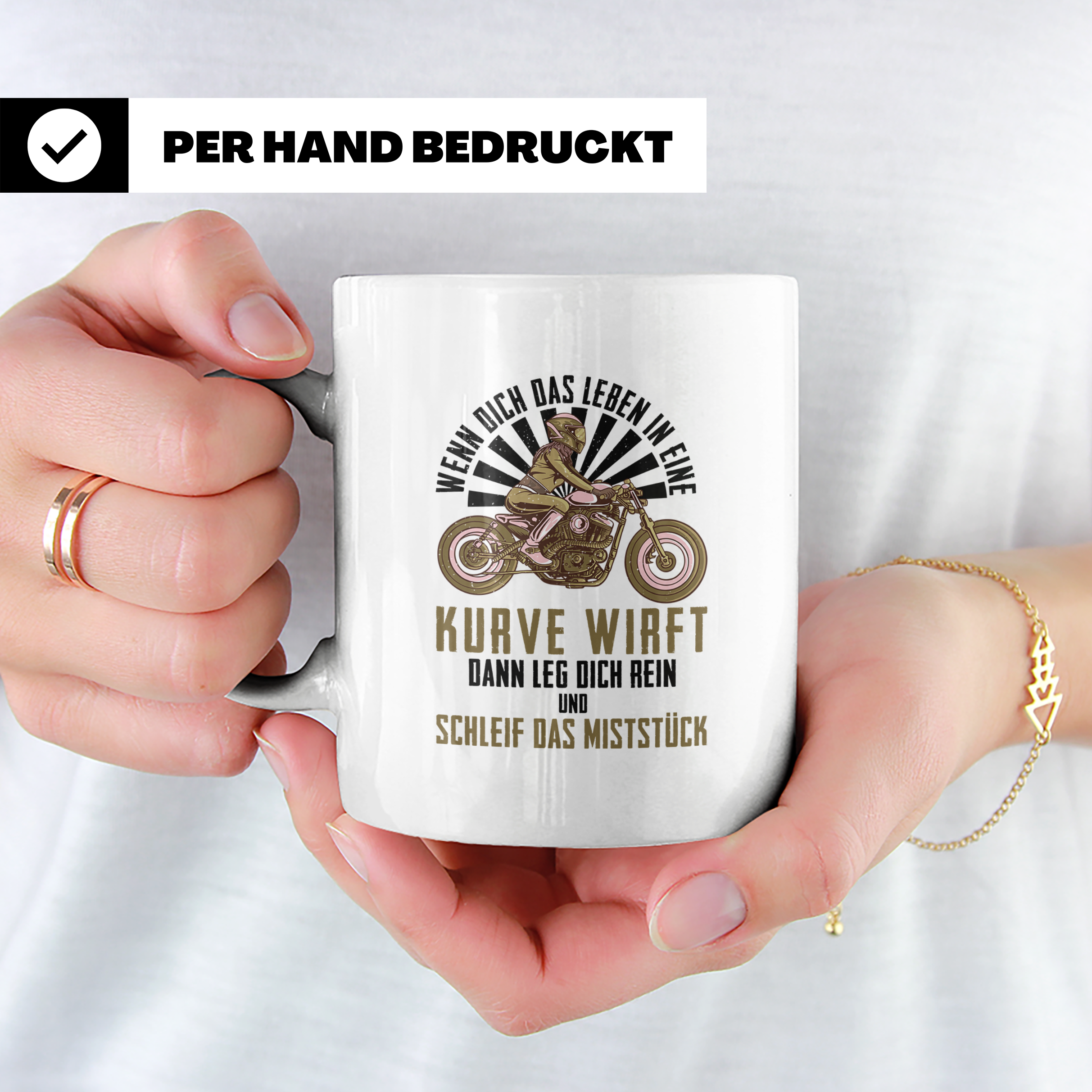Bikerin Tasse mit Spruch Wenn das Leben dich in eine Kurve w – Weiß [farbe:weiß]