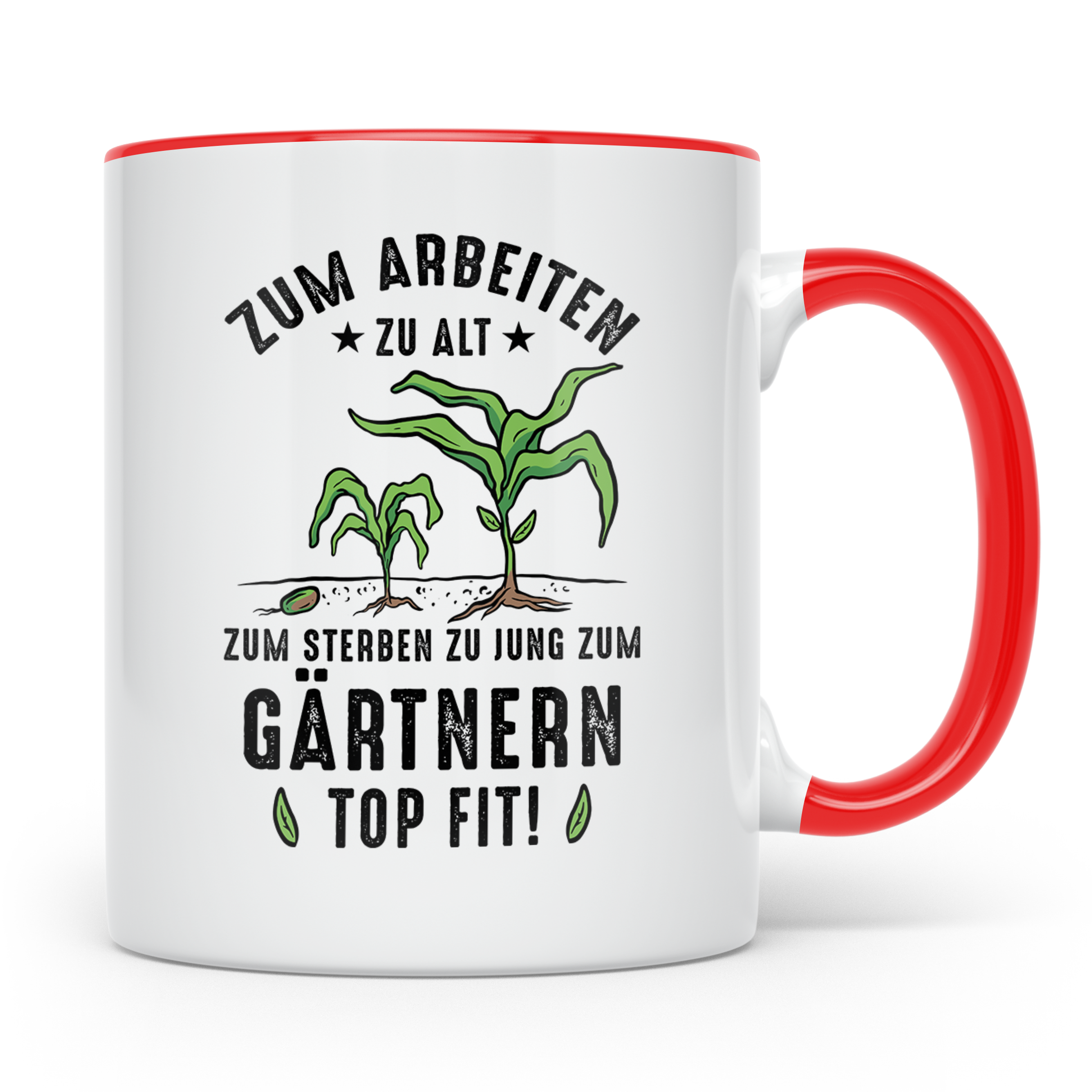 Gärtner Tasse mit Spruch Zum Arbeiten zu alt, Geschenk Rente – Rot [farbe:rot]