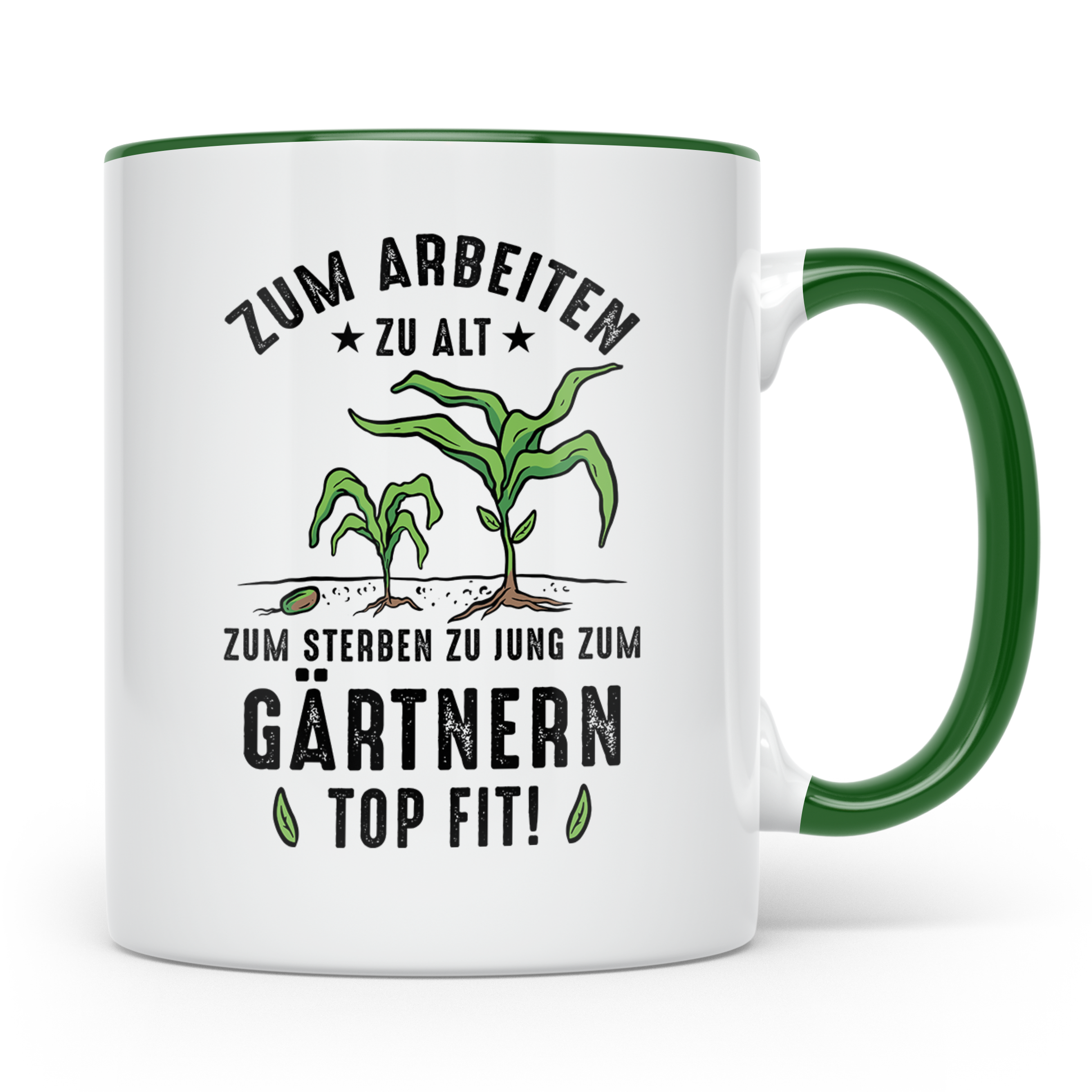 Gärtner Tasse mit Spruch Zum Arbeiten zu alt, Geschenk Rente – Grün [farbe:grün]