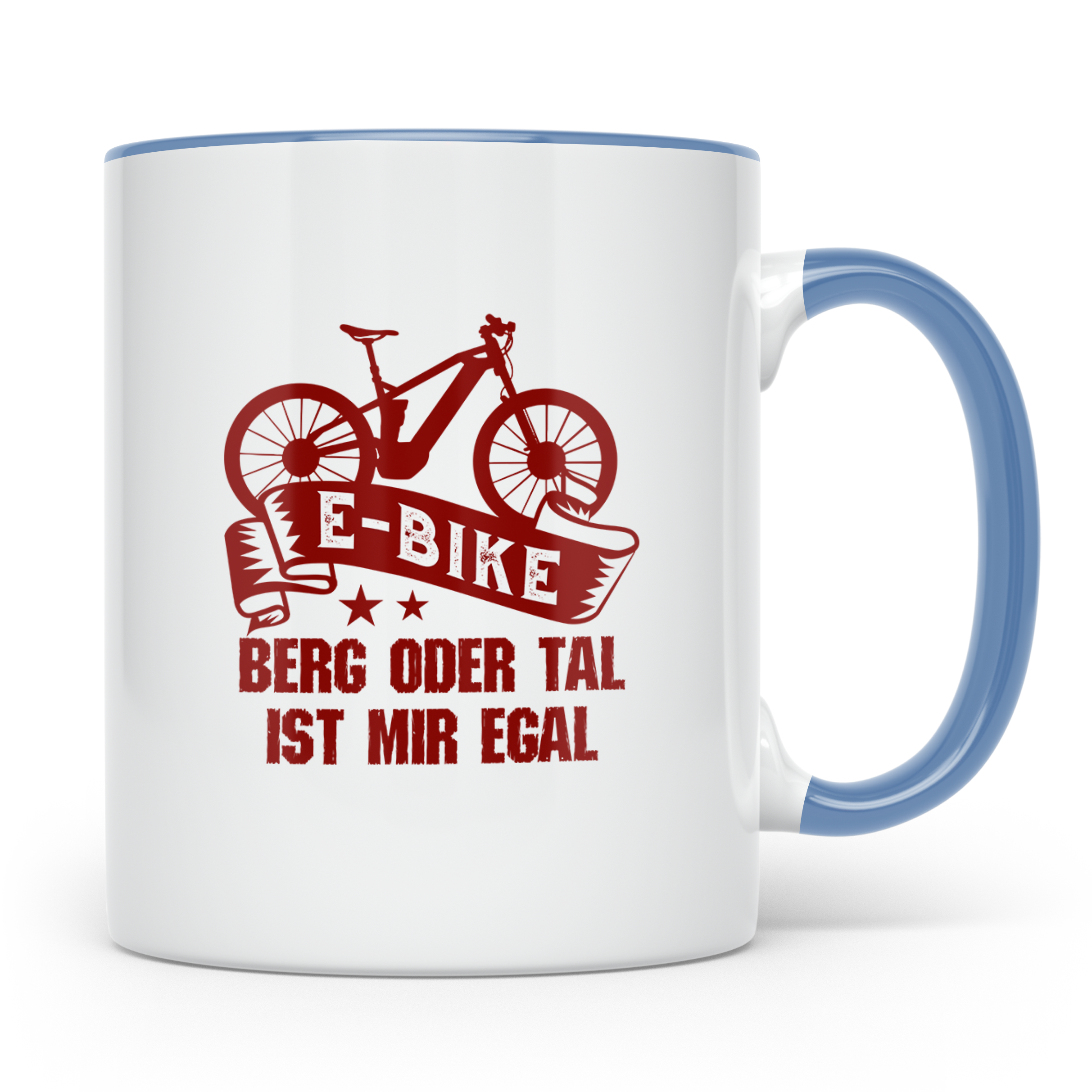 E-Bike Tasse mit Spruch "Berg oder Tal ist mir egal", Gesche – Blau [farbe:blau]