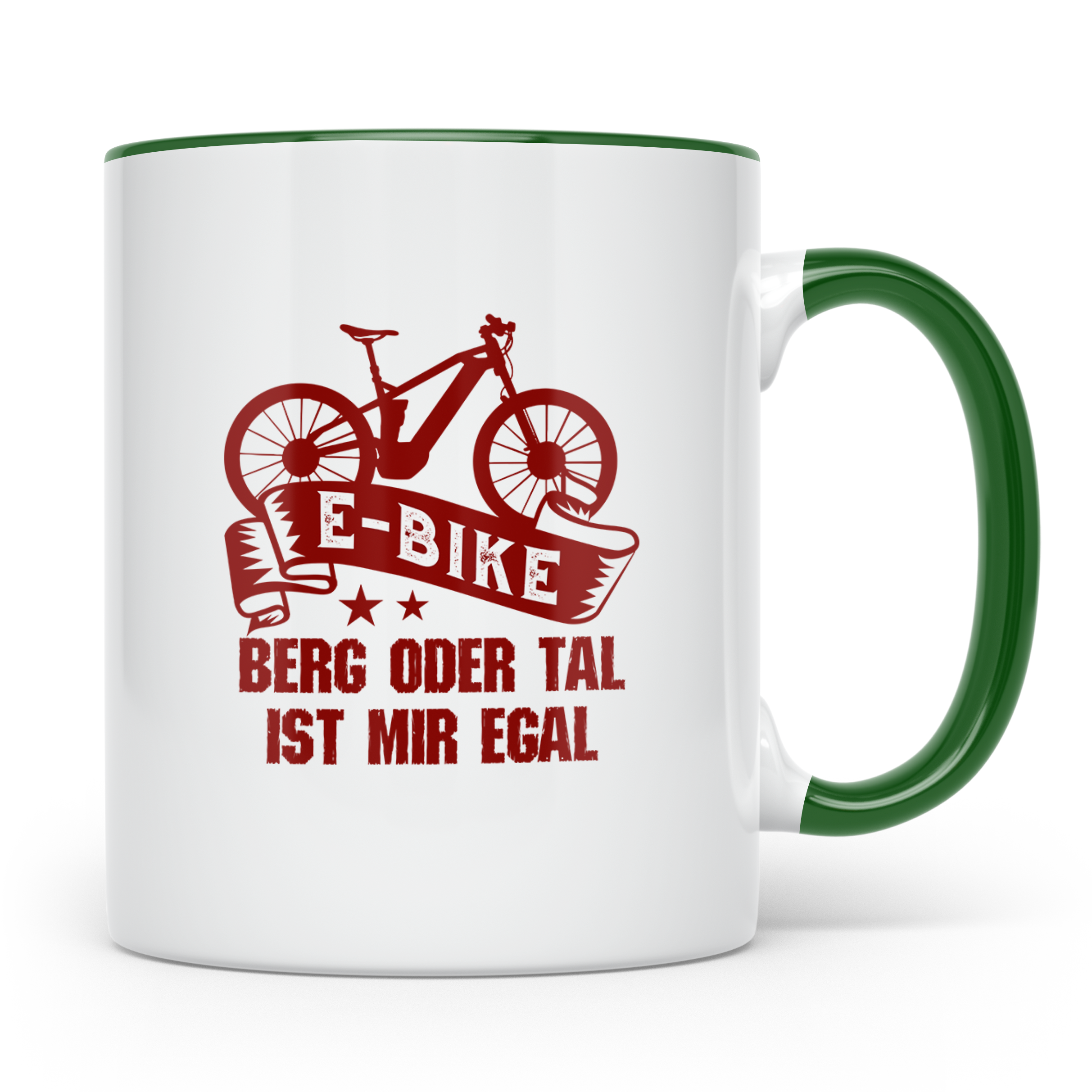 E-Bike Tasse mit Spruch "Berg oder Tal ist mir egal", Gesche – Grün [farbe:grün]