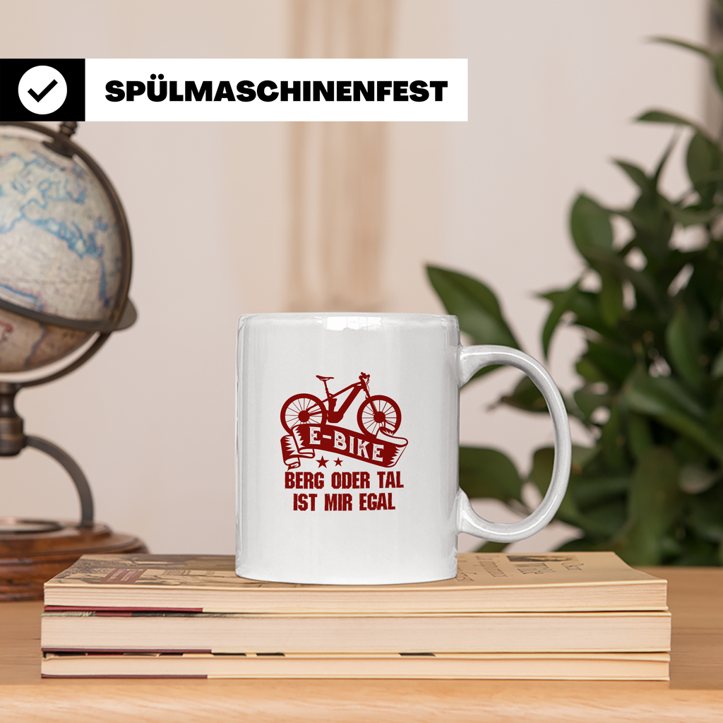 E-Bike Tasse mit Spruch "Berg oder Tal ist mir egal", Gesche – Weiß [farbe:weiß]