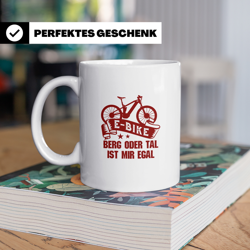 E-Bike Tasse mit Spruch "Berg oder Tal ist mir egal", Gesche – Weiß [farbe:weiß]