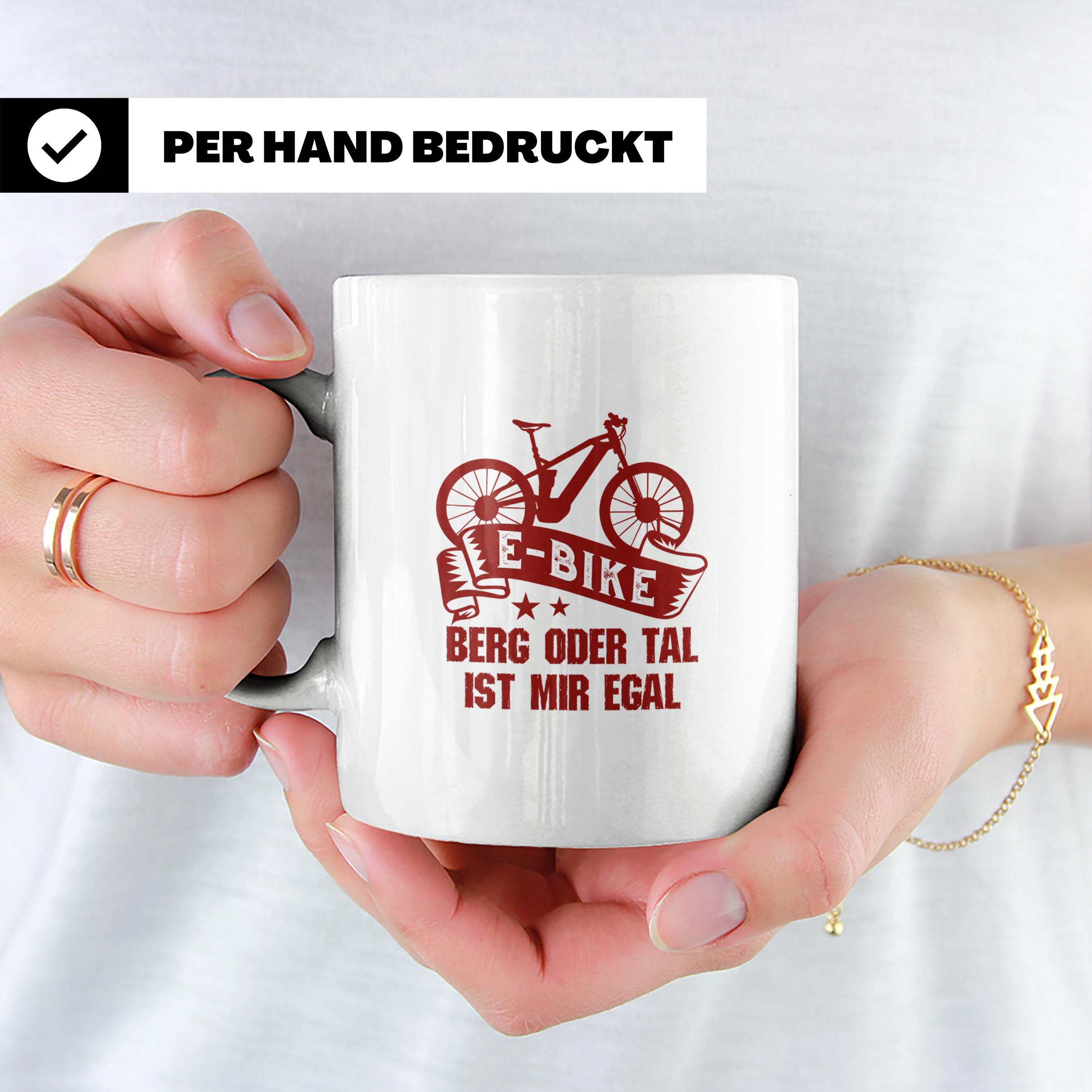 E-Bike Tasse mit Spruch "Berg oder Tal ist mir egal", Gesche – Weiß [farbe:weiß]