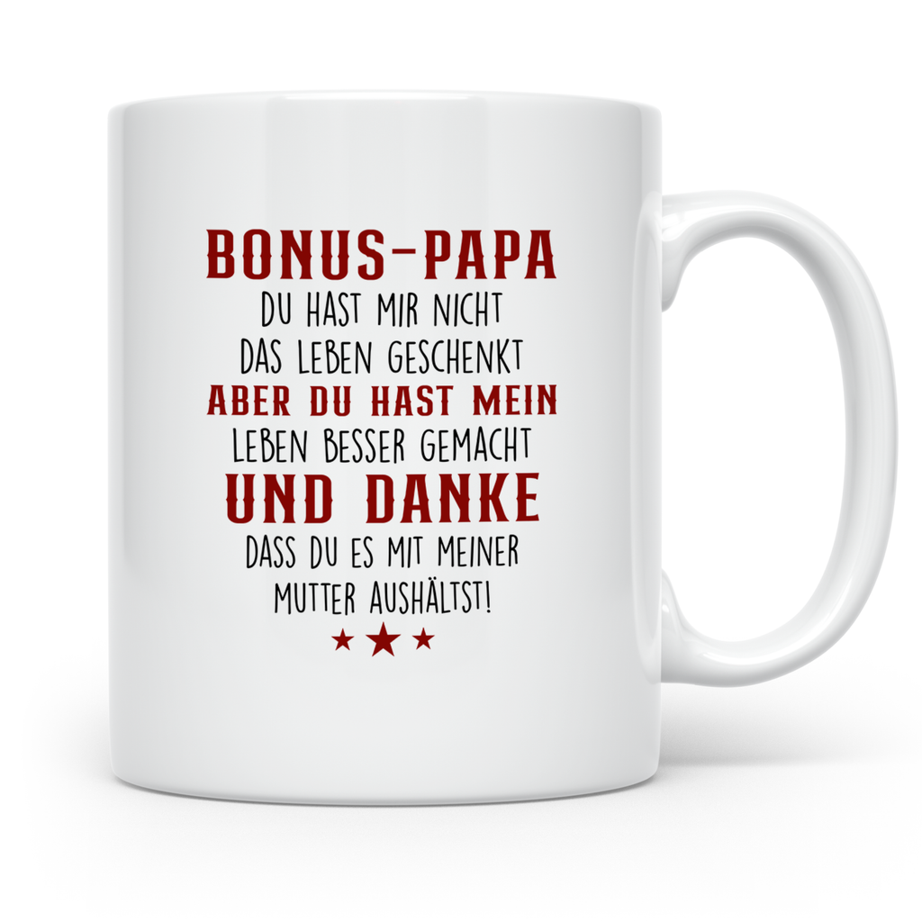 Bonus Papa Tasse mit lustigem Spruch, Geschenk für Stiefvate – Weiß [farbe:weiß]