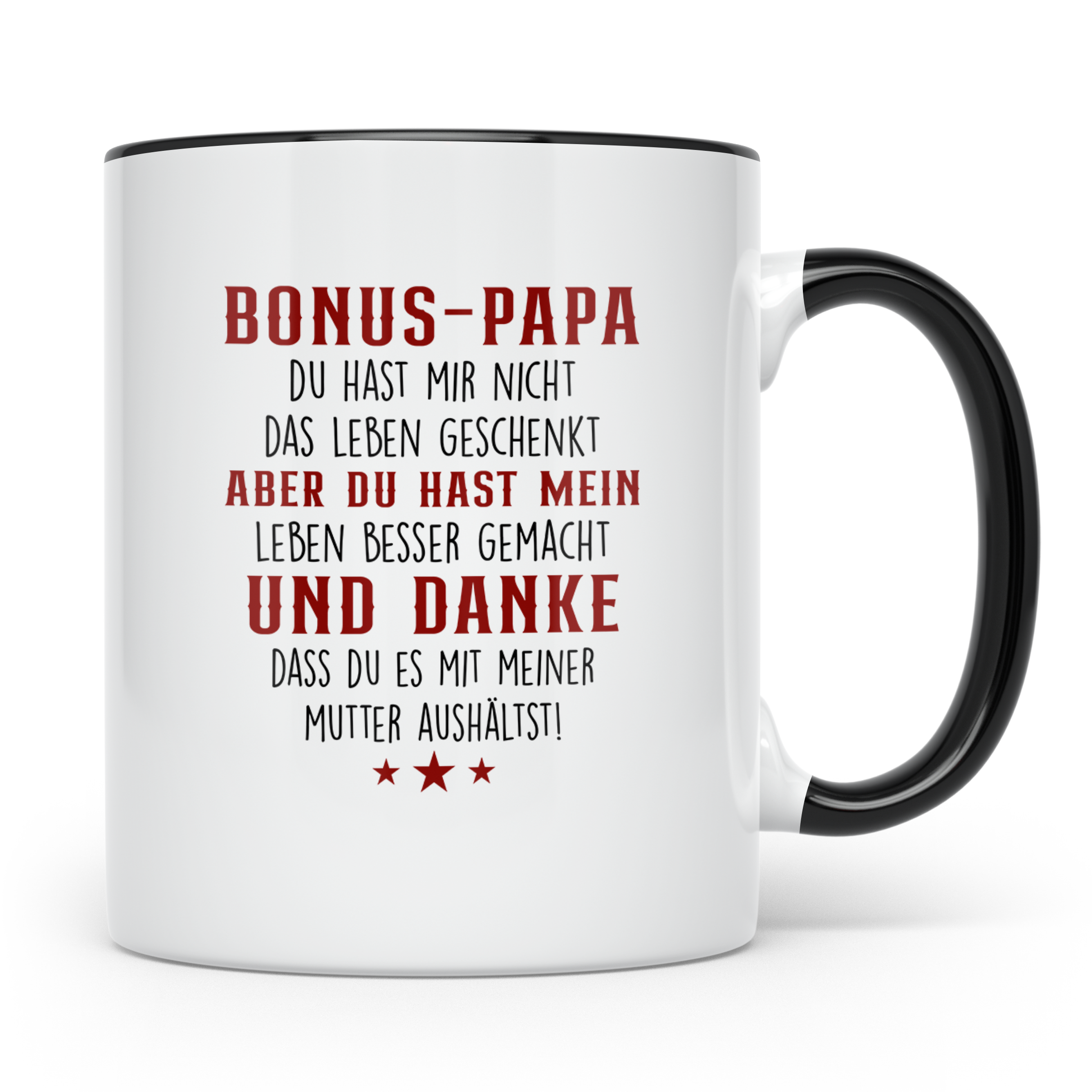 Bonus Papa Tasse mit lustigem Spruch, Geschenk für Stiefvate – Schwarz [farbe:schwarz]