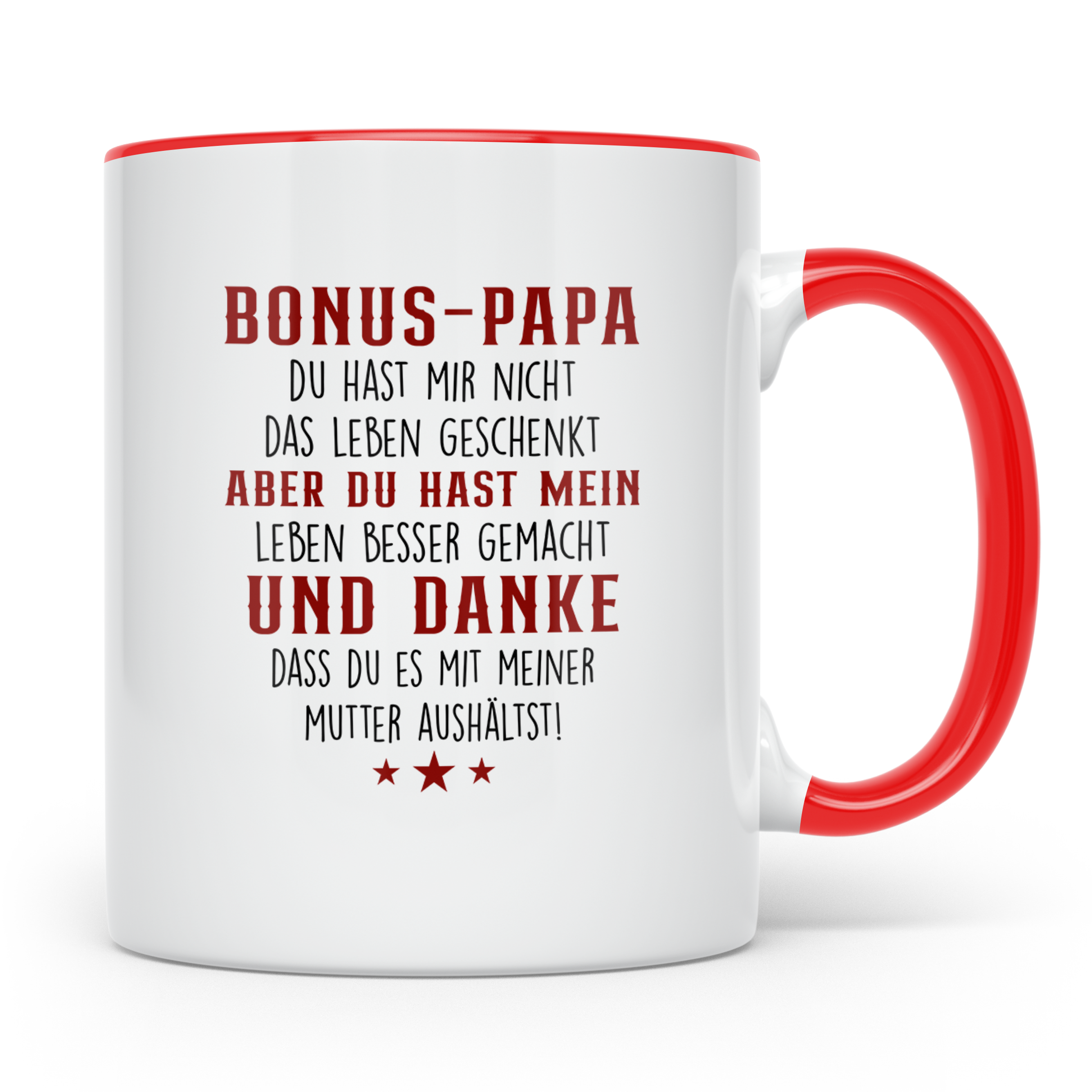 Bonus Papa Tasse mit lustigem Spruch, Geschenk für Stiefvate – Rot [farbe:rot]