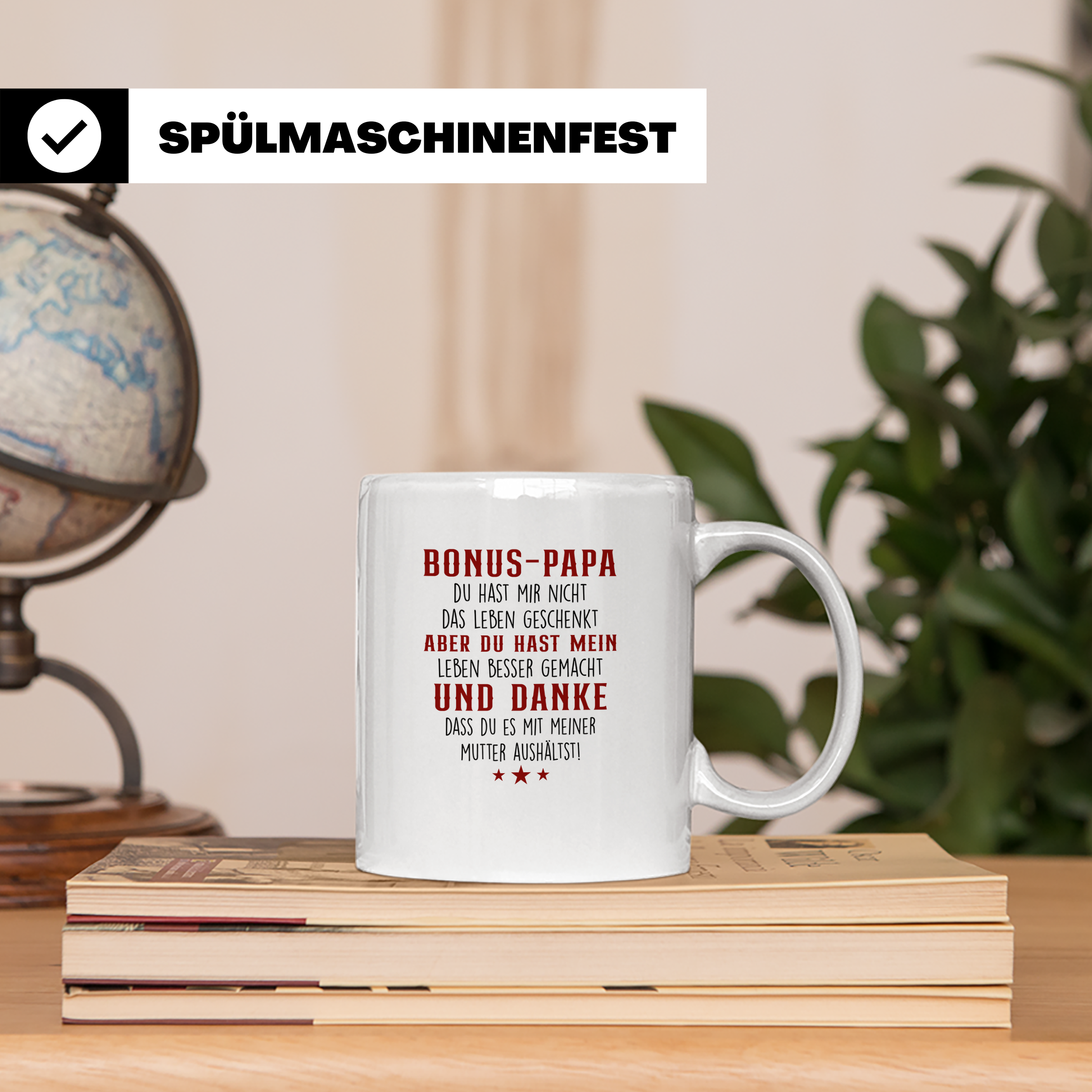 Bonus Papa Tasse mit lustigem Spruch, Geschenk für Stiefvate – Weiß [farbe:weiß]