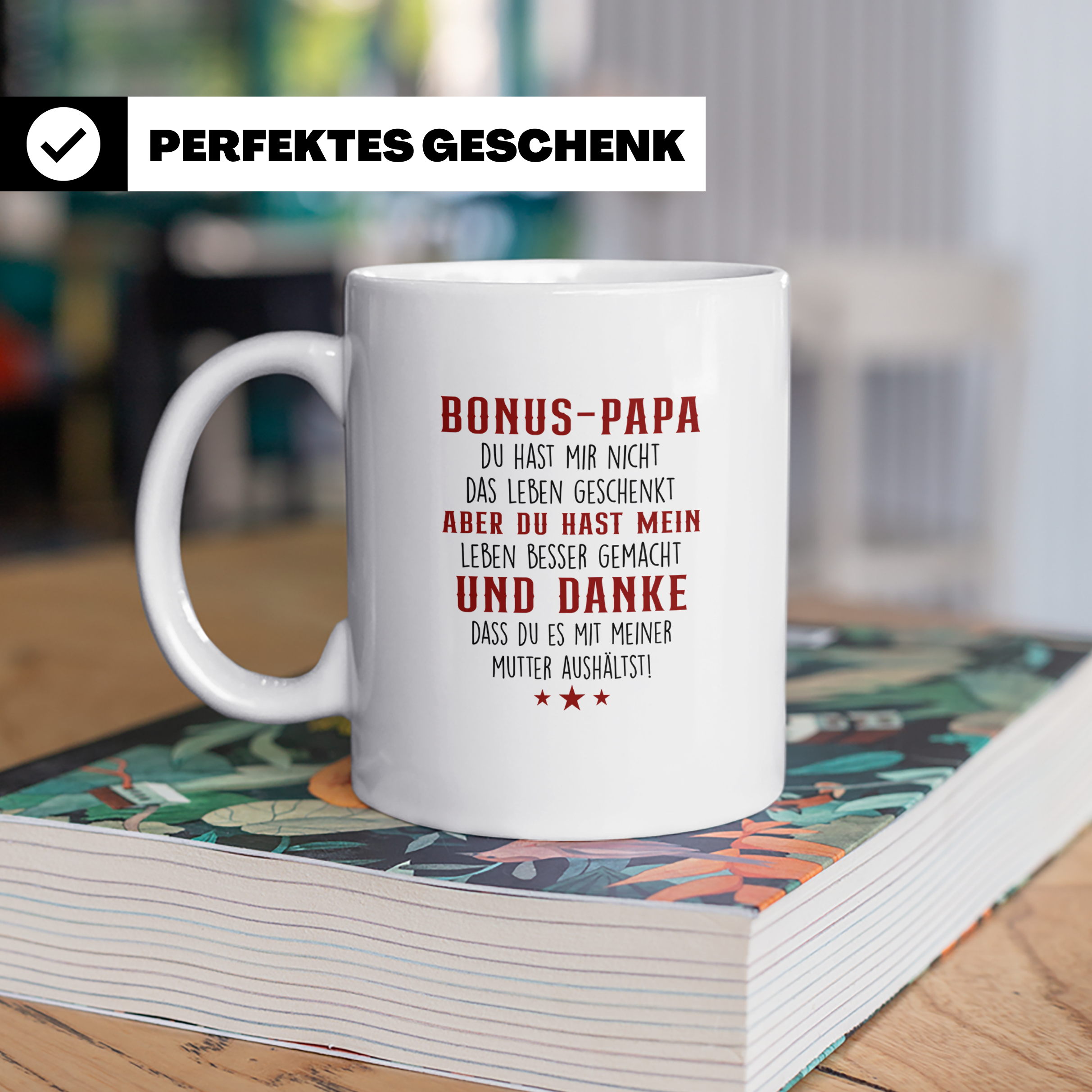 Bonus Papa Tasse mit lustigem Spruch, Geschenk für Stiefvate – Weiß [farbe:weiß]