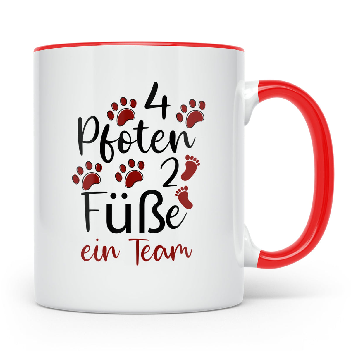 Hundebesitzer Tasse 4 Pfoten 2 Füße ein Team | Geschenk Frau – Rot [farbe:rot]