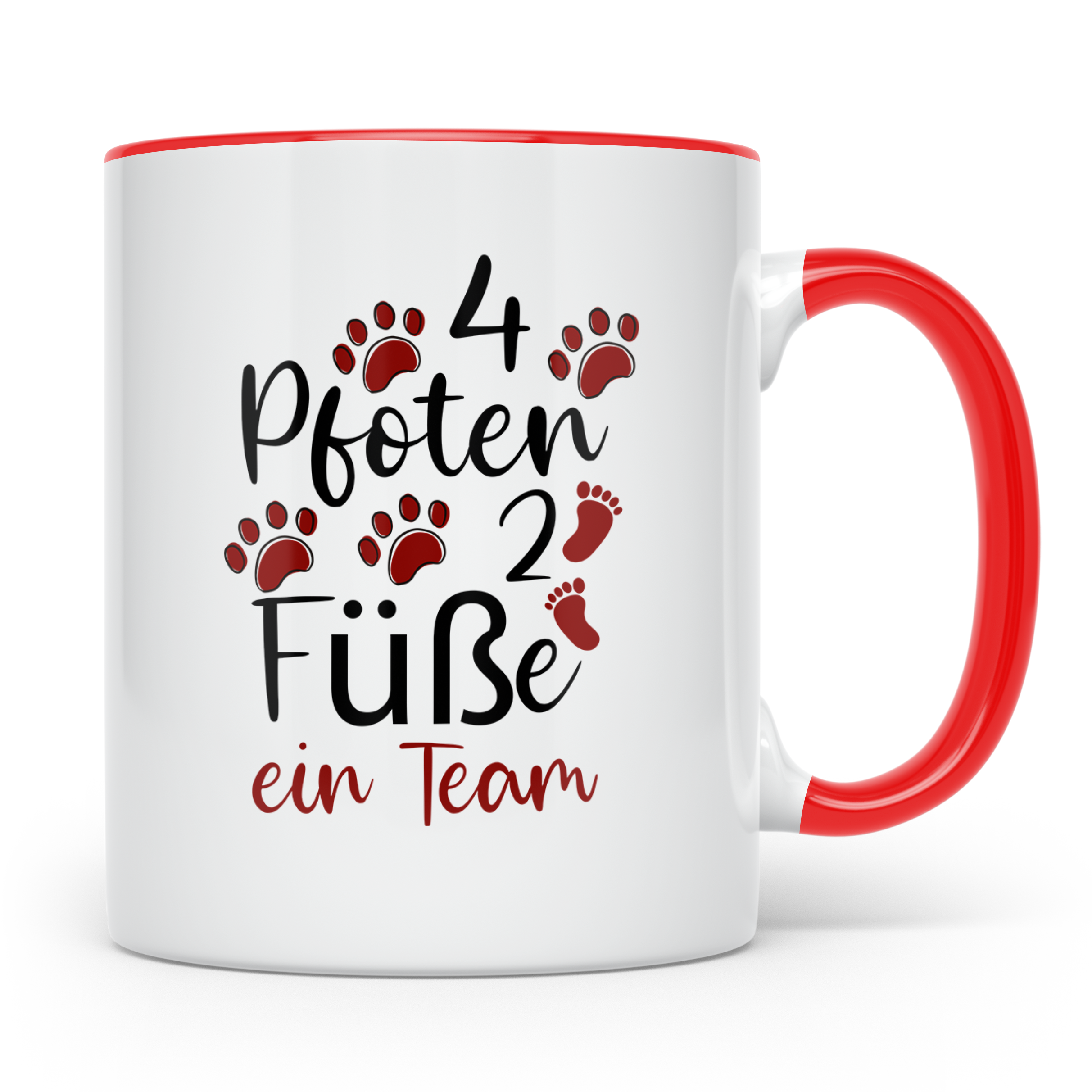 Hundebesitzer Tasse 4 Pfoten 2 Füße ein Team | Geschenk Frau – Rot [farbe:rot]