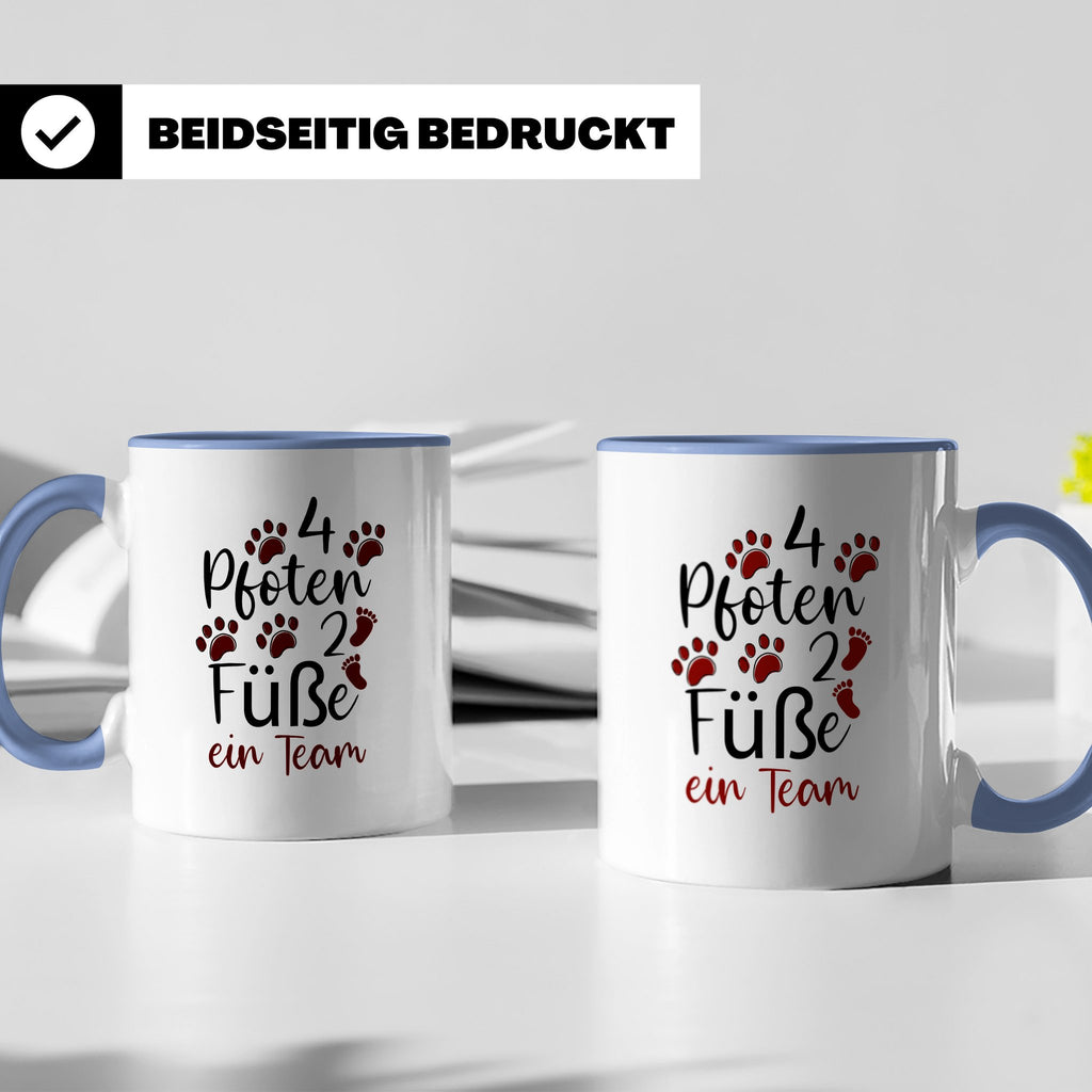 Hundebesitzer Tasse 4 Pfoten 2 Füße ein Team | Geschenk Frau – Blau [farbe:blau]