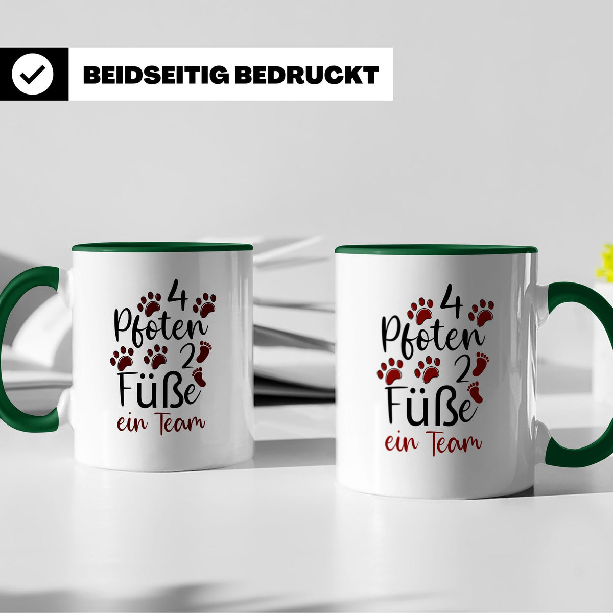 Hundebesitzer Tasse 4 Pfoten 2 Füße ein Team | Geschenk Frau – Grün [farbe:grün]