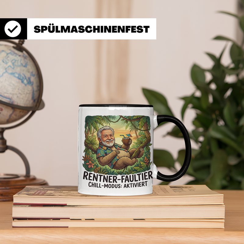 Lustige Rentner Tasse personalisiert - Faultier Illustration Abschiedsgeschenk Kollege