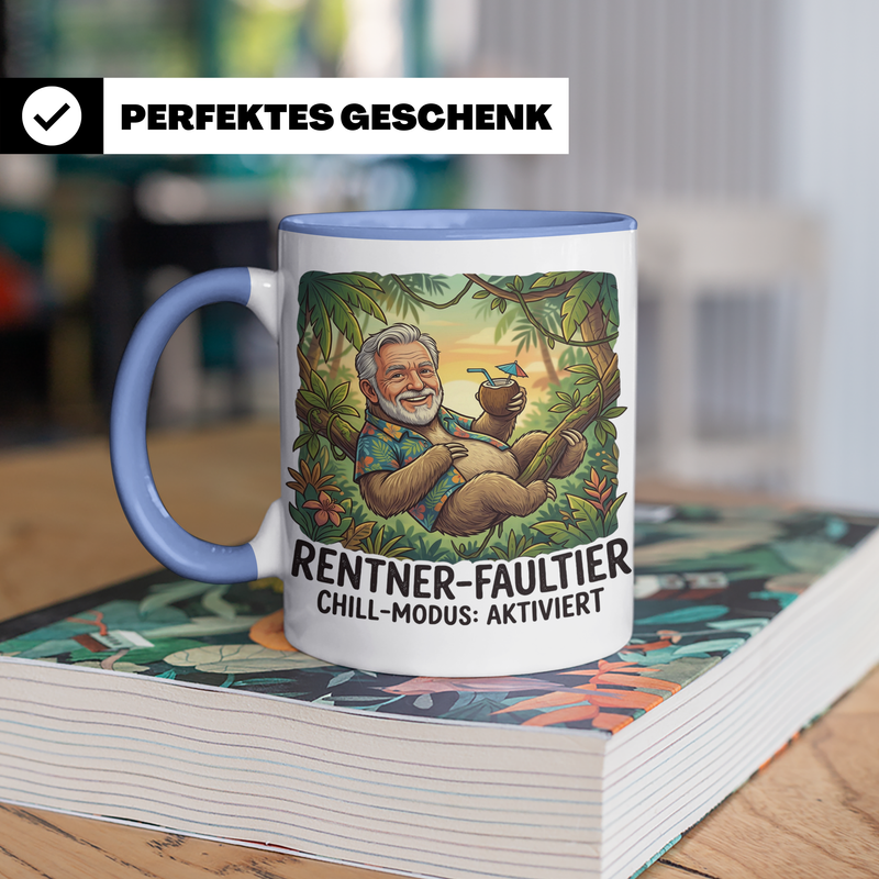Abschiedsgeschenk Rente Tasse personalisiert Rentner Faultier Chill Modus Becher
