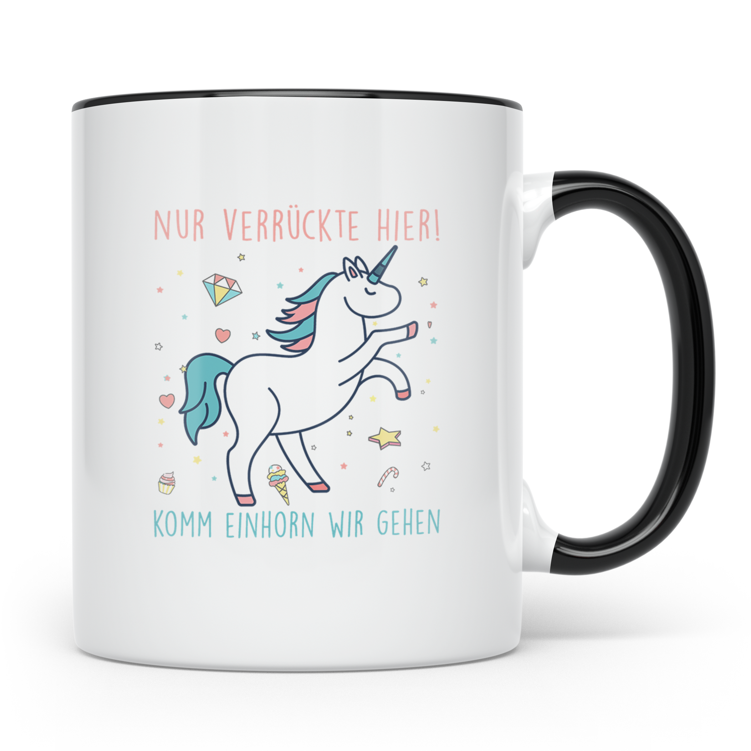 Einhorn Tasse mit Spruch Nur Verrückte Hier Komm Einhorn wir – Schwarz [farbe:schwarz]
