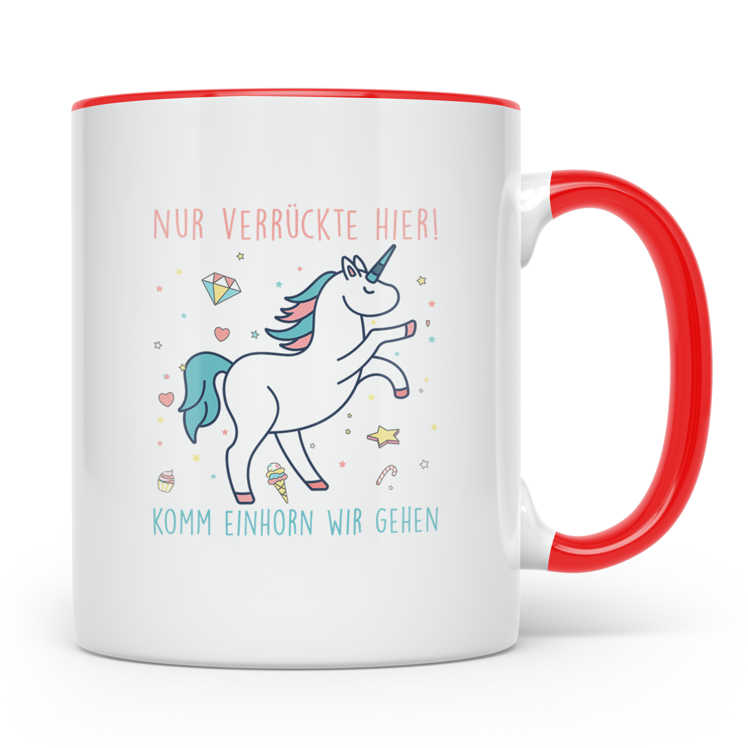 Einhorn Tasse mit Spruch Nur Verrückte Hier Komm Einhorn wir – Rot [farbe:rot]