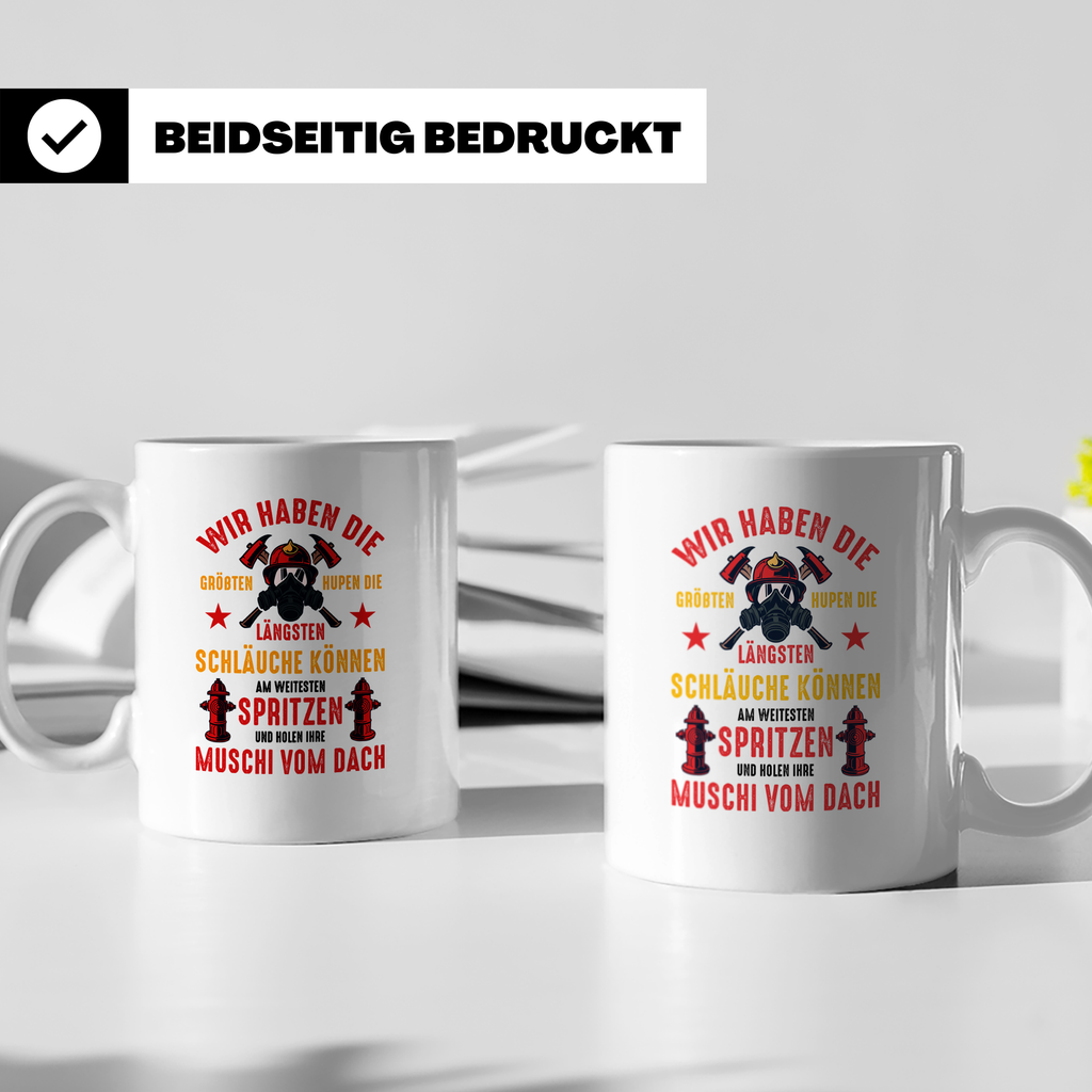 Feuerwehr Tasse mit versautem Spruch Größten Hupen Längsten  – Weiß [farbe:weiß]