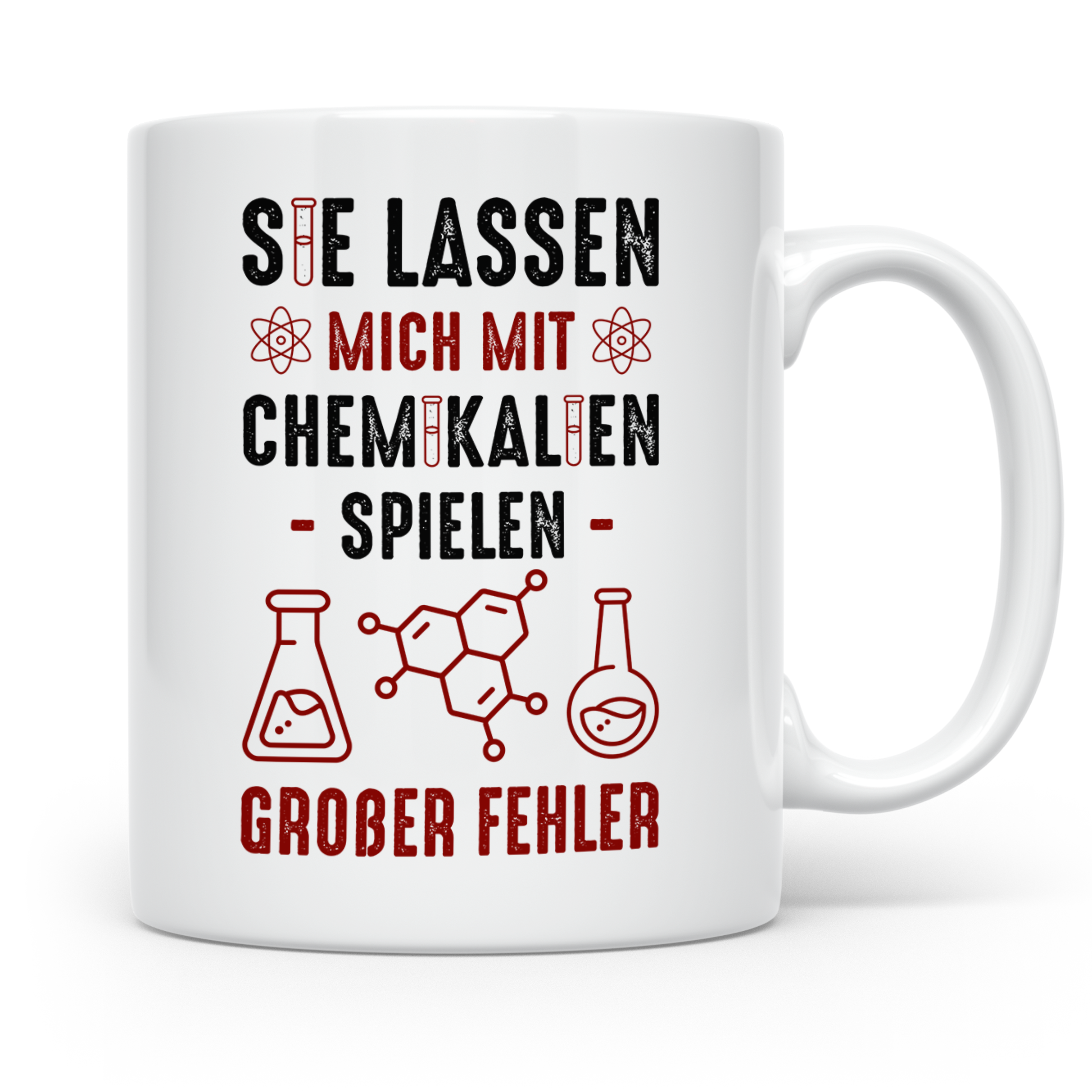 Chemiker Tasse mit Spruch Mit Chemikalien spielen. Geschenk  – Weiß [farbe:weiß]
