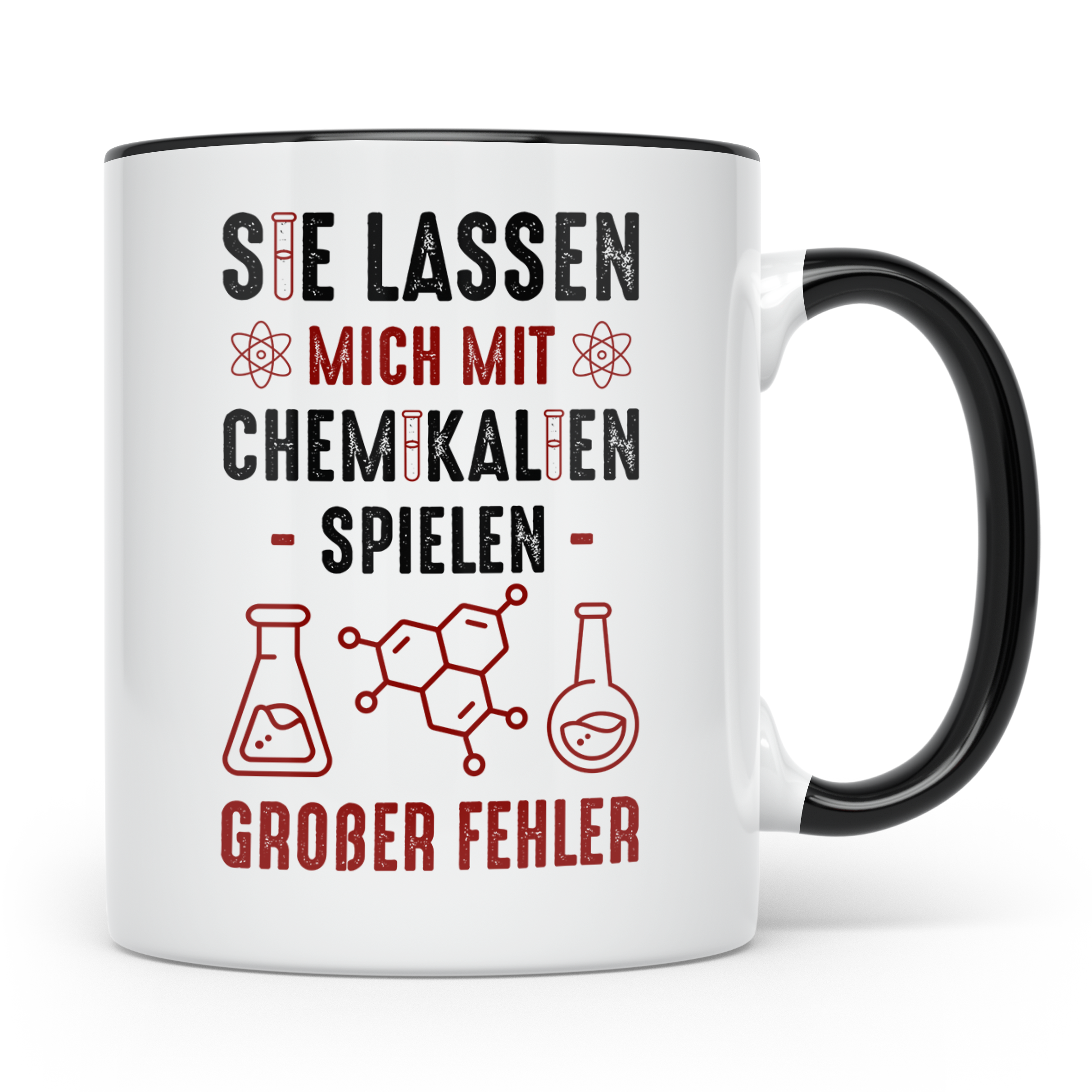 Chemiker Tasse mit Spruch Mit Chemikalien spielen. Geschenk  – Schwarz [farbe:schwarz]