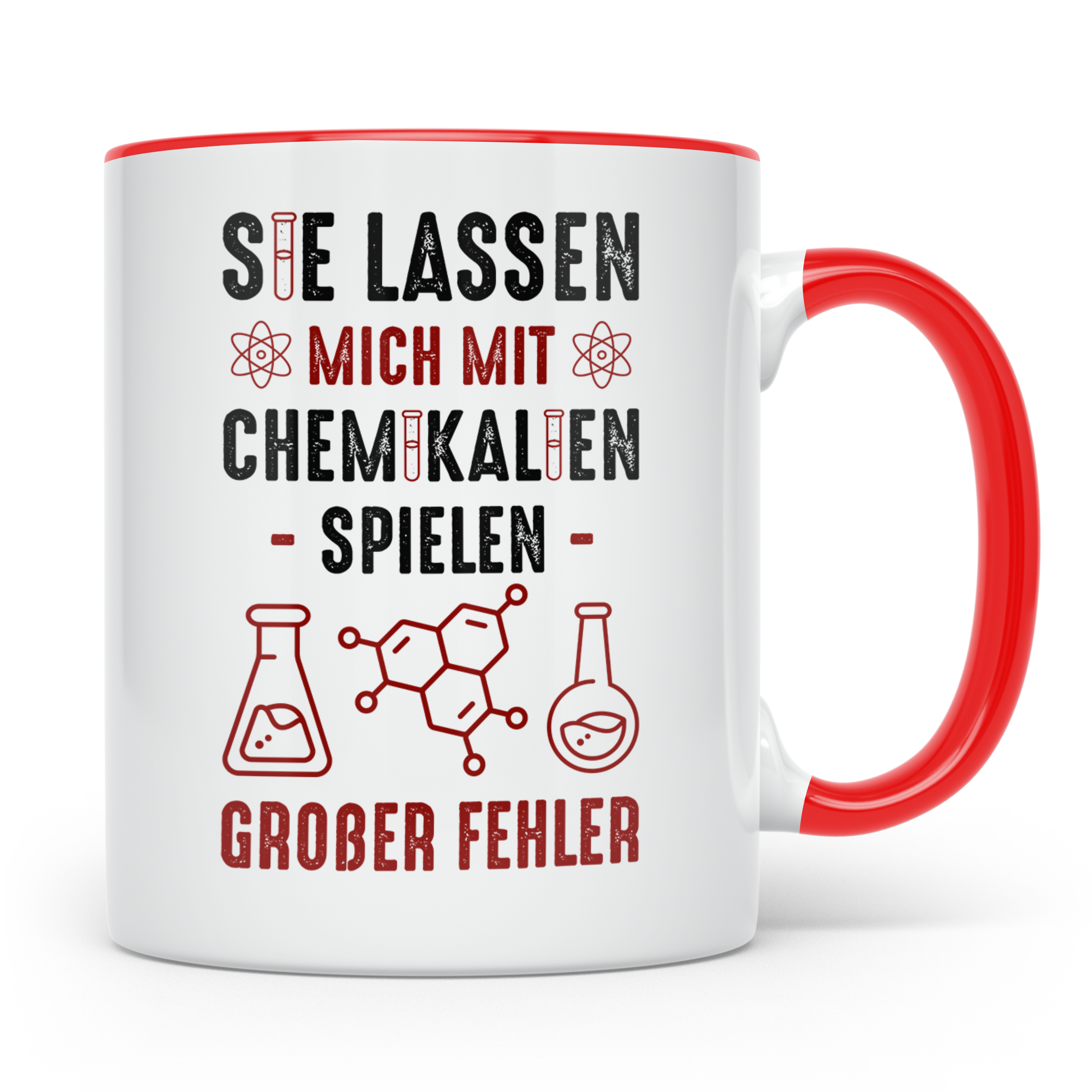 Chemiker Tasse mit Spruch Mit Chemikalien spielen. Geschenk  – Rot [farbe:rot]