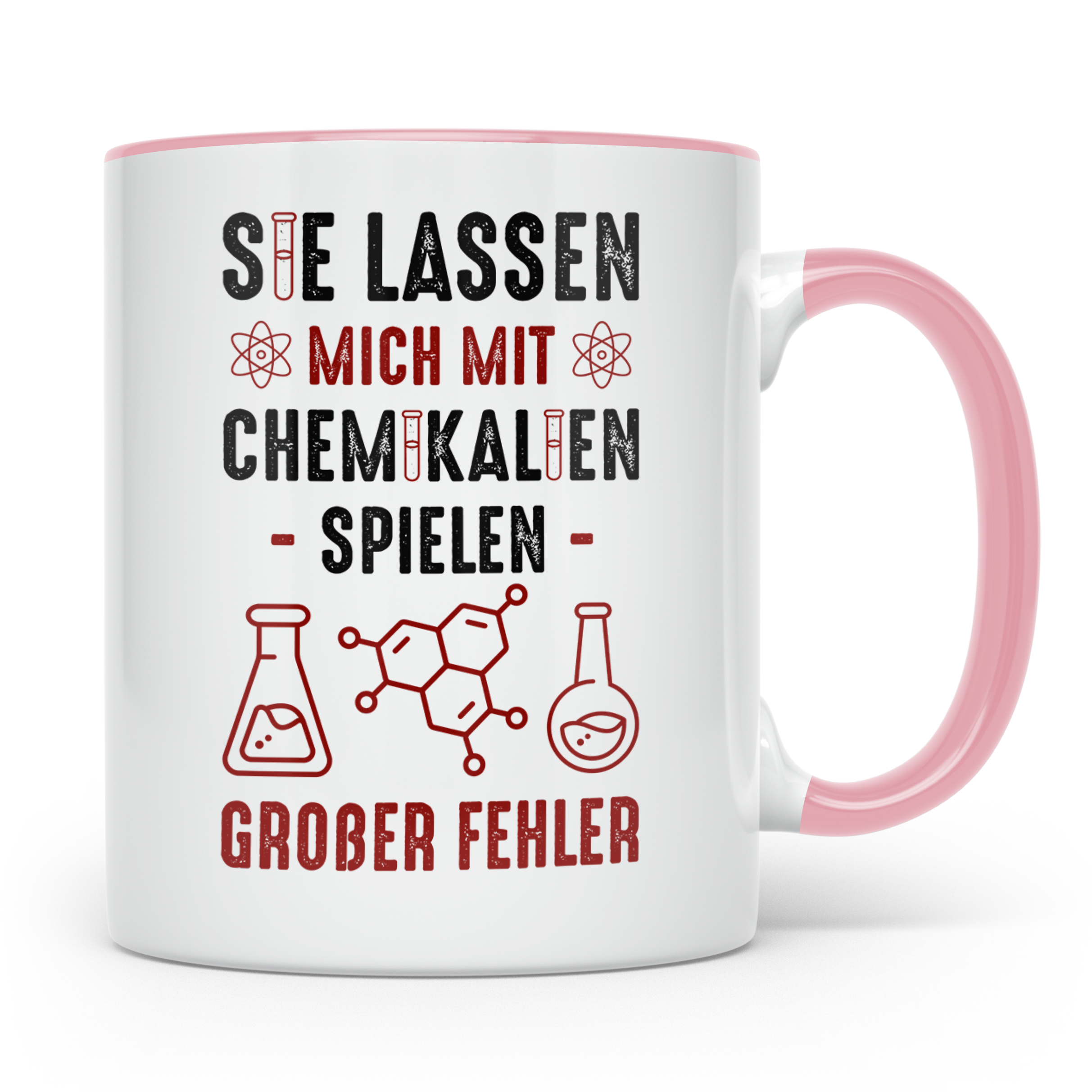Chemiker Tasse mit Spruch Mit Chemikalien spielen. Geschenk  – Rosa [farbe:rosa]