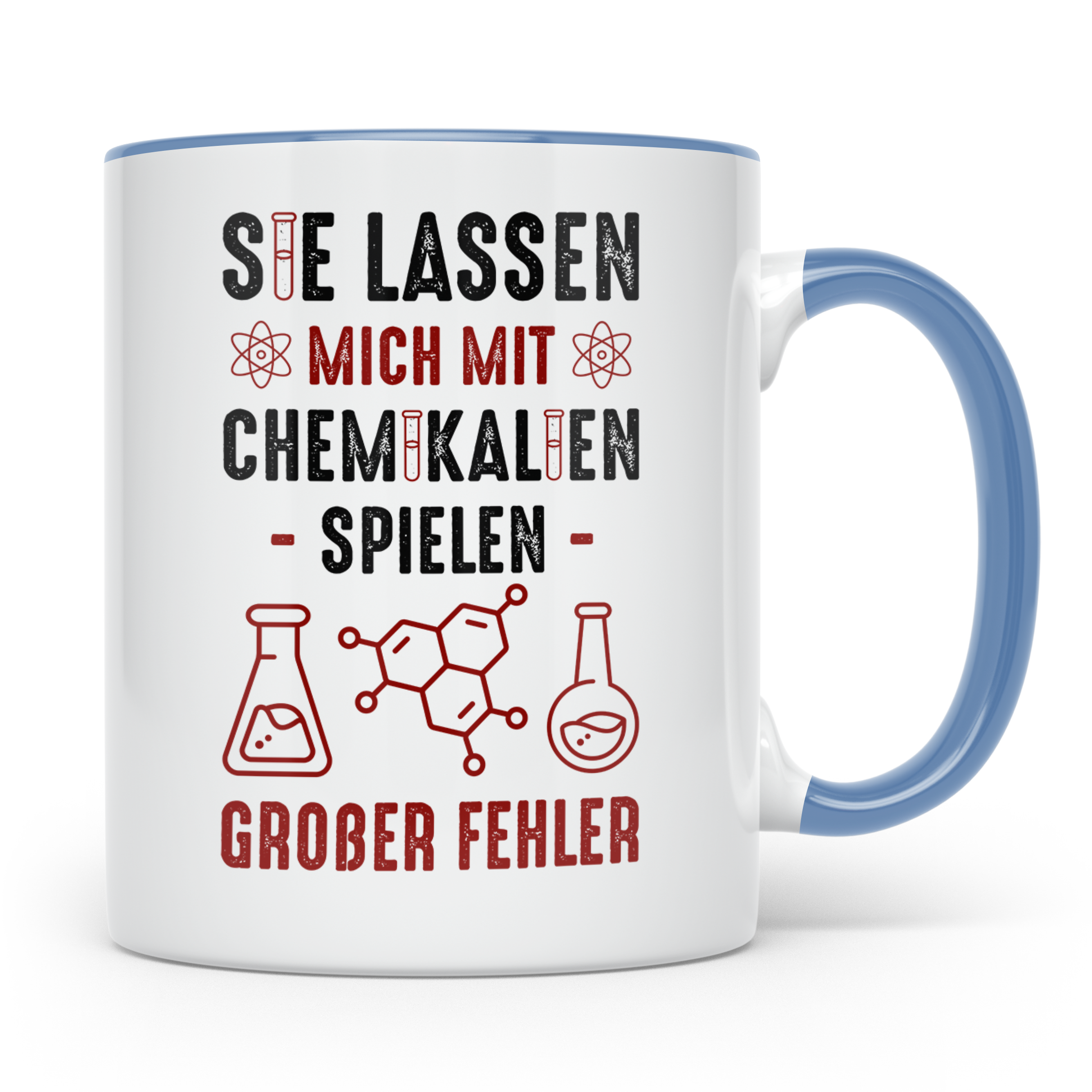 Chemiker Tasse mit Spruch Mit Chemikalien spielen. Geschenk  – Blau [farbe:blau]