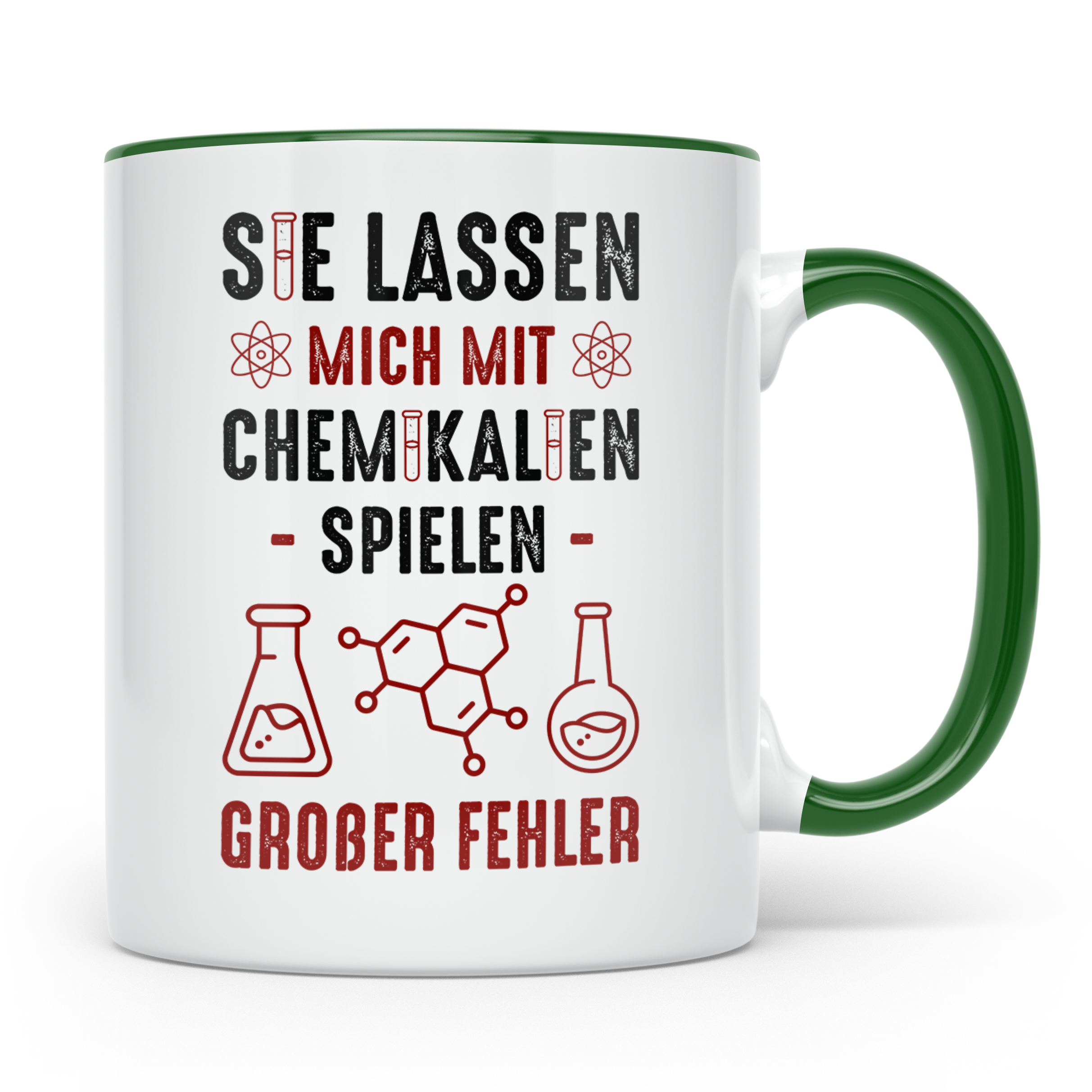 Chemiker Tasse mit Spruch Mit Chemikalien spielen. Geschenk  – Grün [farbe:grün]