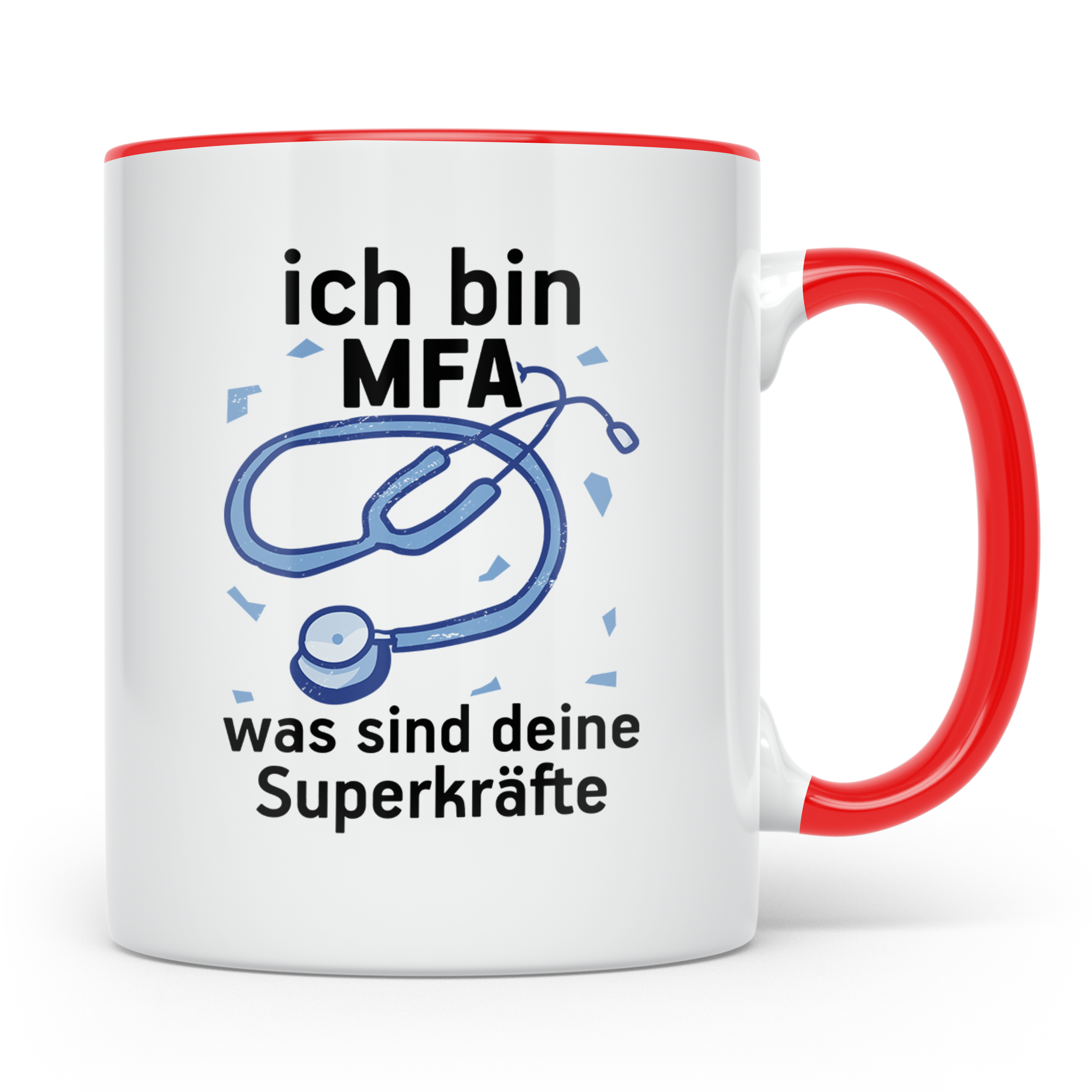 MFA Tasse mit Spruch "Ich bin MFA was sind deine Superkräfte – Rot [farbe:rot]