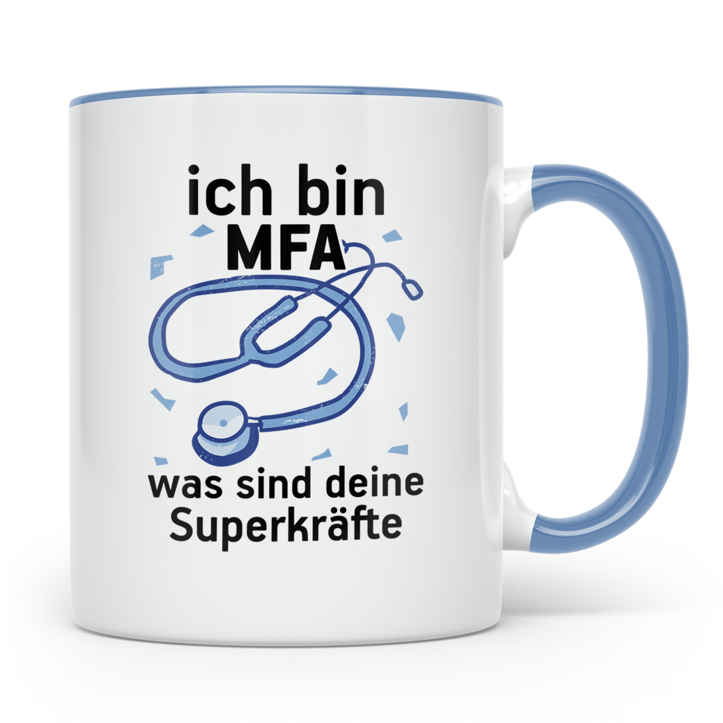 MFA Tasse mit Spruch "Ich bin MFA was sind deine Superkräfte – Blau [farbe:blau]