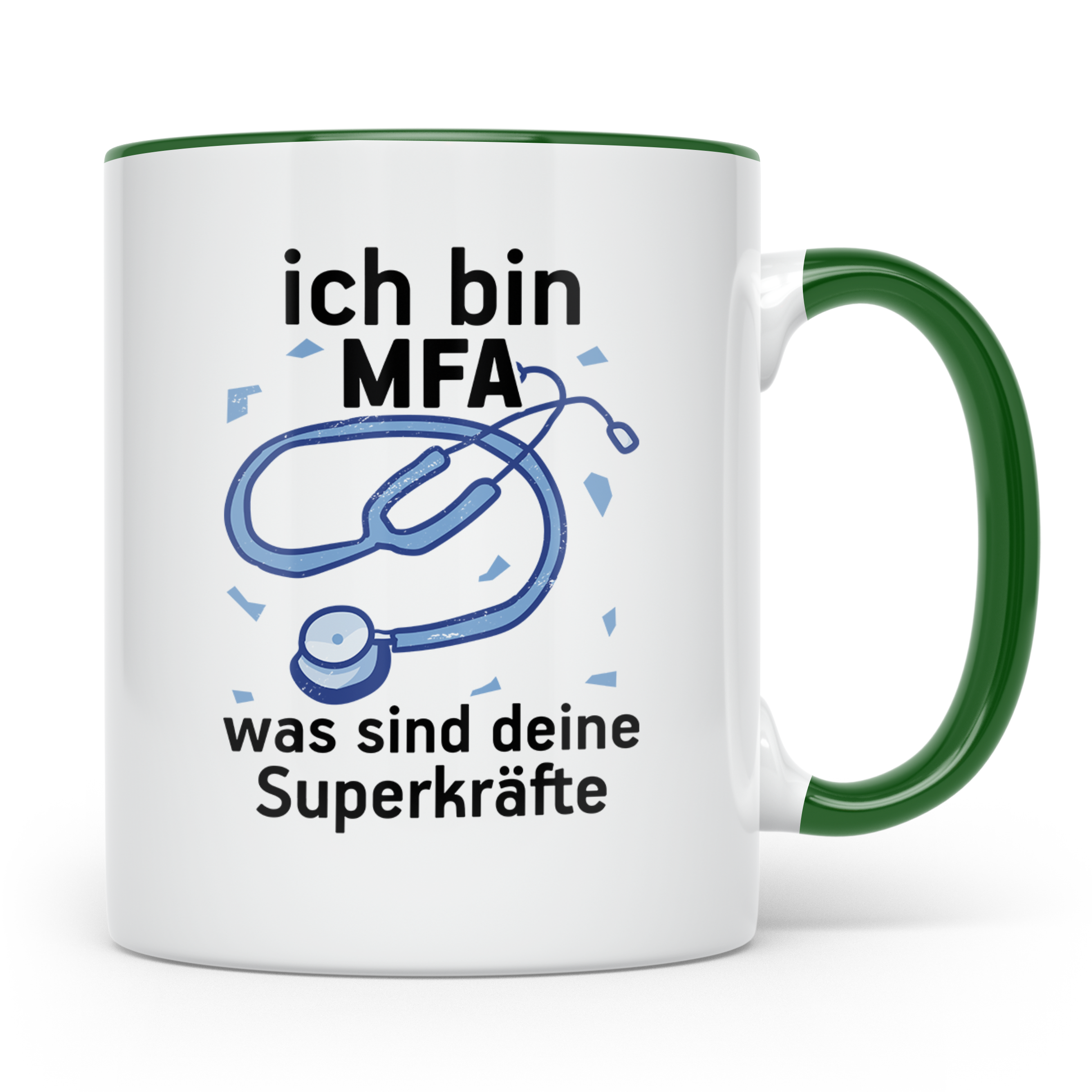 MFA Tasse mit Spruch "Ich bin MFA was sind deine Superkräfte – Grün [farbe:grün]