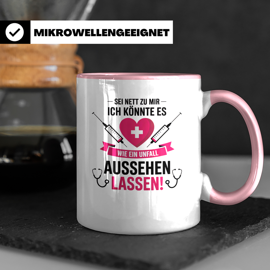 Krankenschwester Tasse - Sei Nett Design, Notfall Unfall Optik, Spritze Stethoskop - Geschenkidee für Medizin Personal & Ärzte