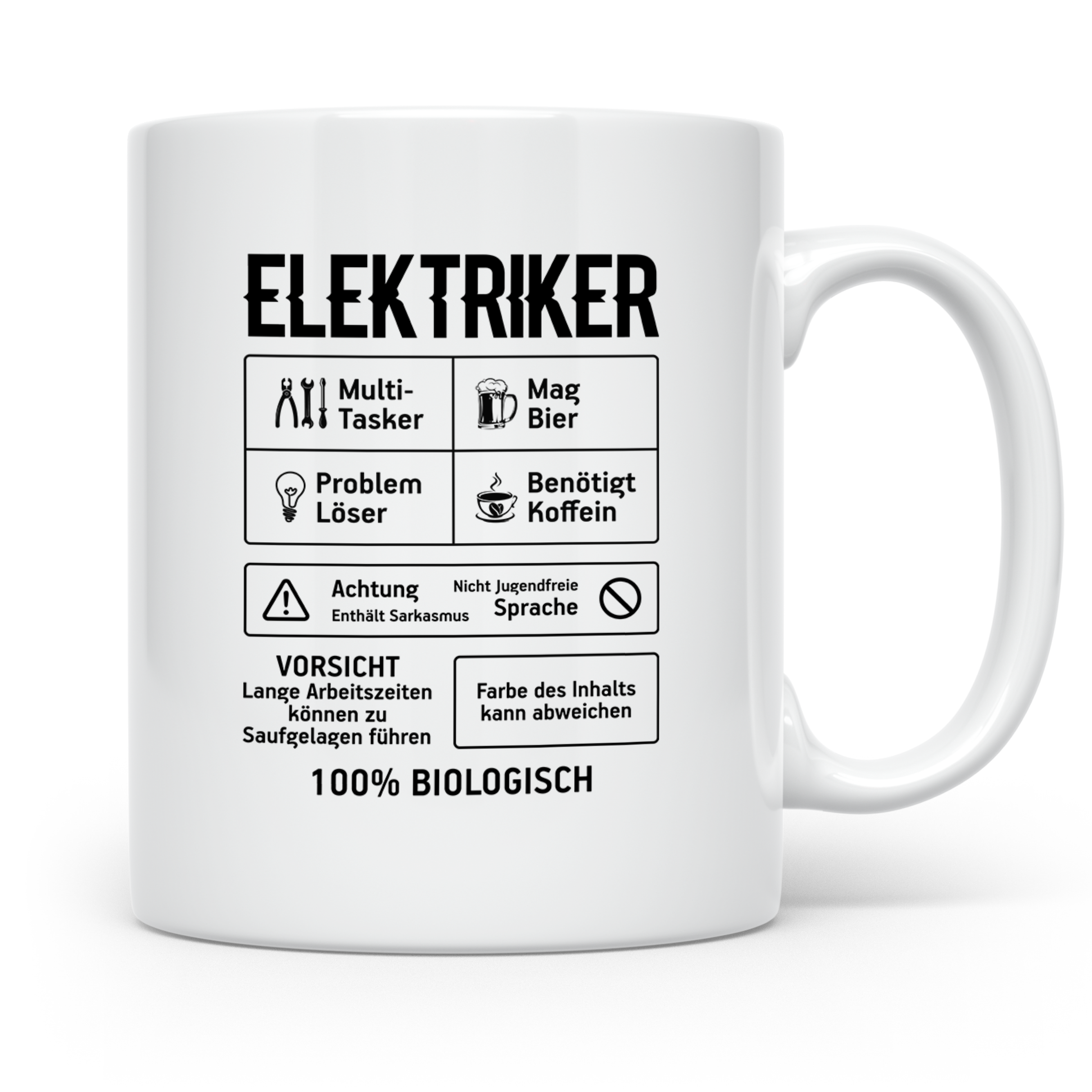 Elektriker Tasse lustig Spruch Kaffee Bier Geschenk für Elek – Weiß [farbe:weiß]