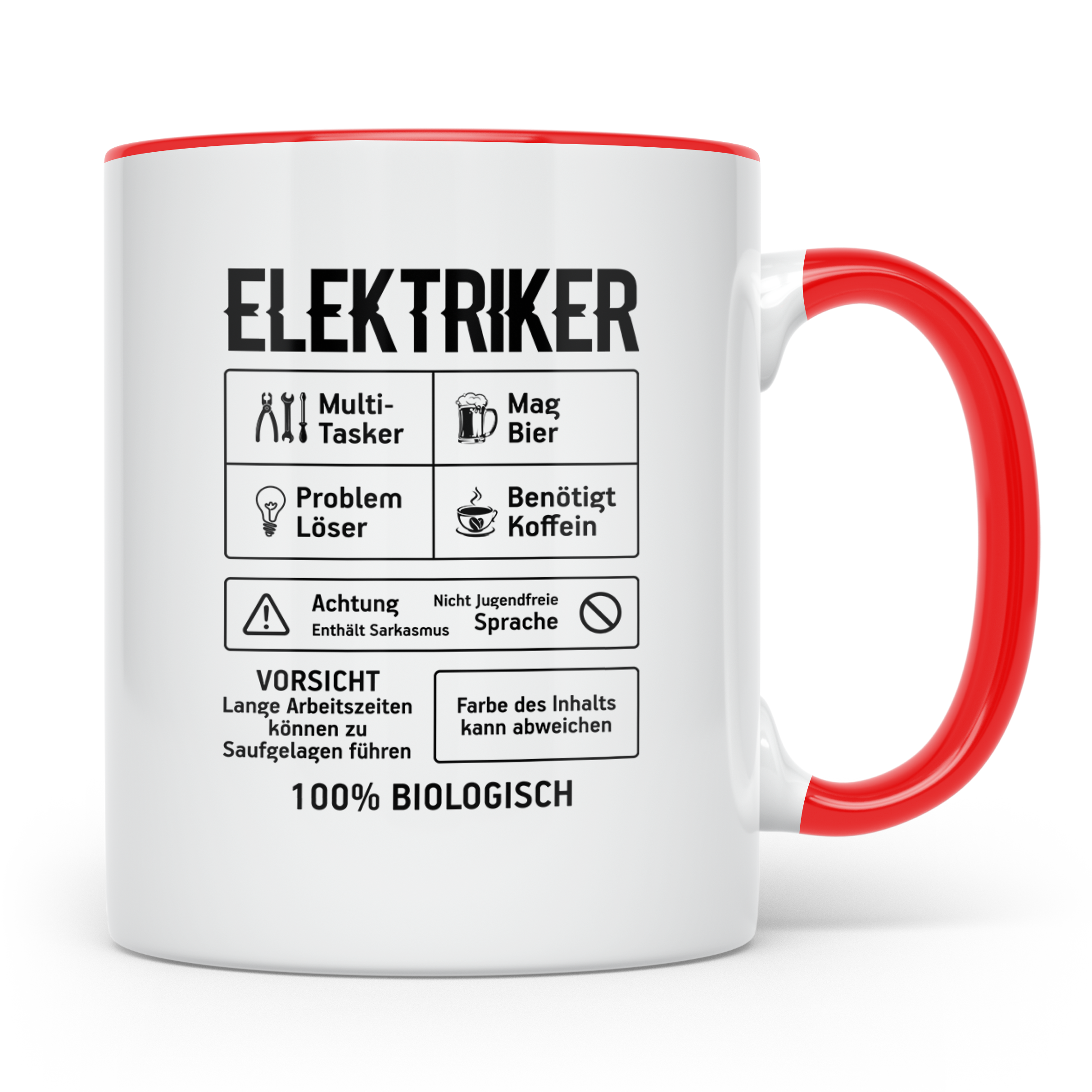 Elektriker Tasse lustig Spruch Kaffee Bier Geschenk für Elek – Rot [farbe:rot]